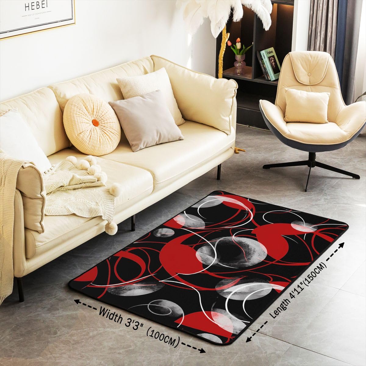Loussiesd Tapis de Salon 100x150cm Rouge Noir Tapis Chambre Résumé Art Modernee Moderne,Doux,Lavable Géométrique Idéal pour Salon et Chambre Antidérapant
