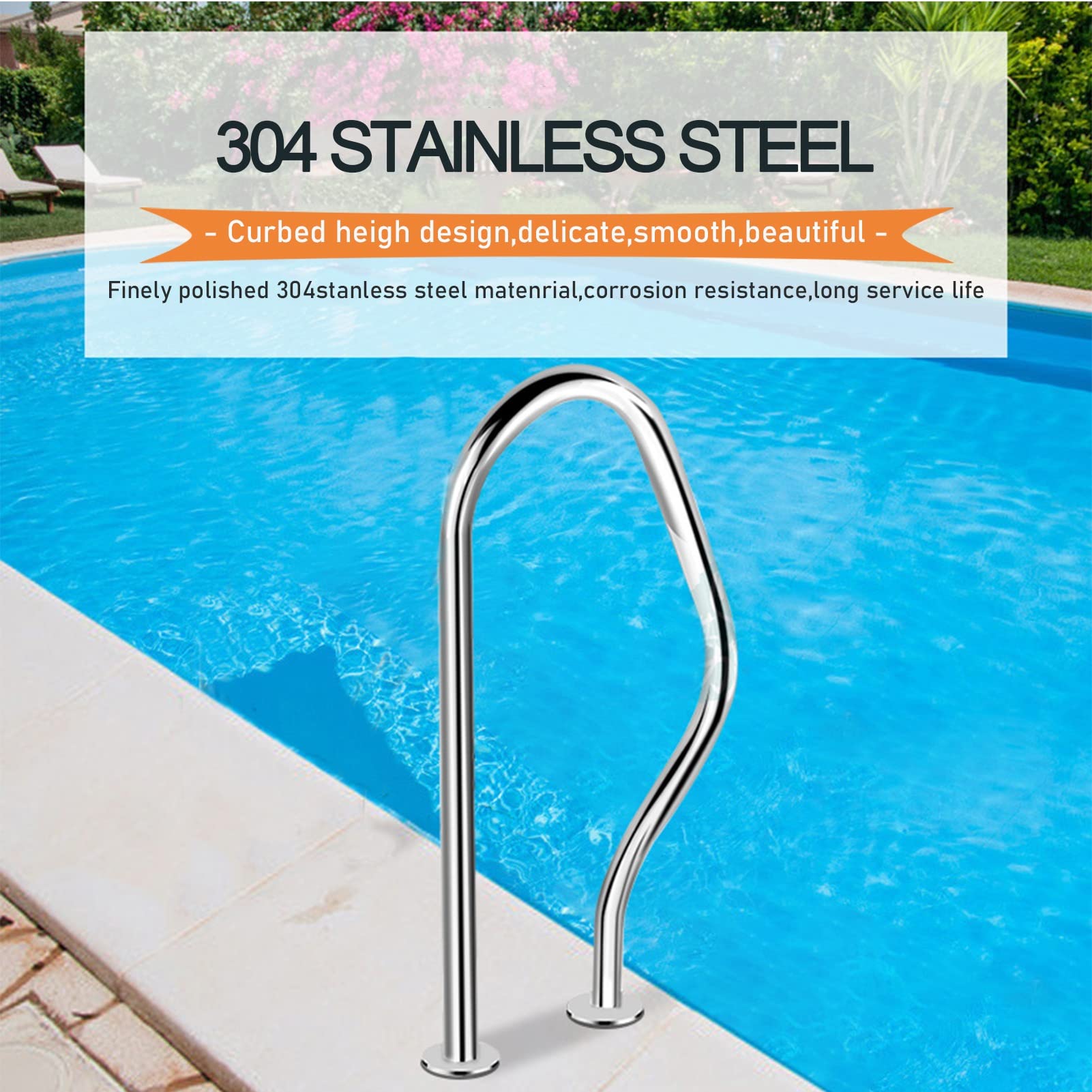 Pool-Handlauf 80 x 47 cm Edelstahl-Pool-Griff, 3-Bogen-Spa-Geländer-Haltegriff, silberner Pool-Handlauf für Schwimmbäder, Neigungspositionen, Wasserpark usw.