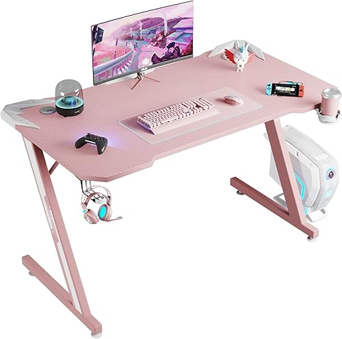 Shahoo Escritorio para juegos de 44 pulgadas con superficie de fibra de carbono en forma de Z mesa de computadora de escritorio con portavasos y