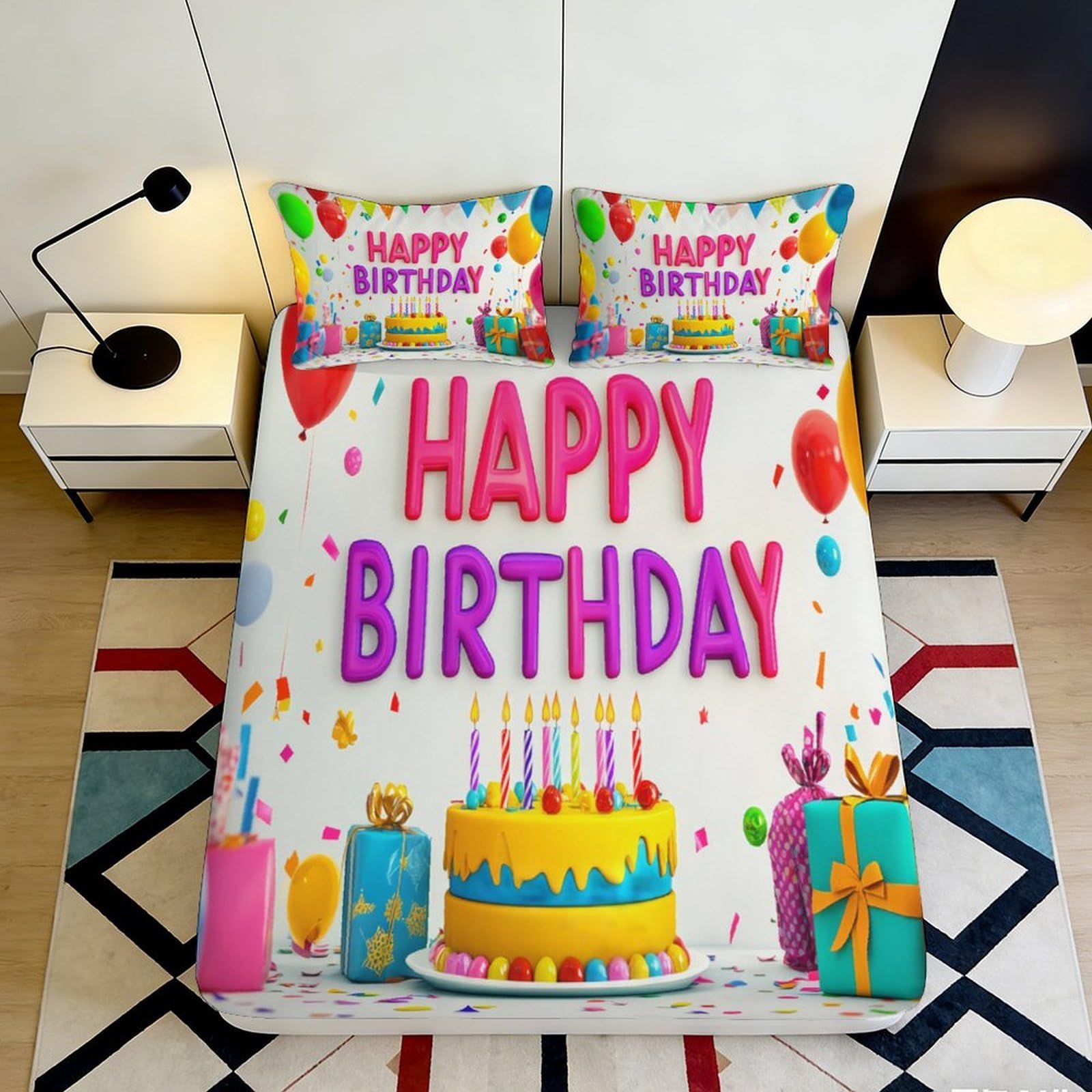 3D Printed Happy Birthday Fitted Sheet Microfiber Soft Durable Colorful Balloons Bed Cover with Cake Design Mattress Cover for Bedroom Guest Room 90x200x25cm