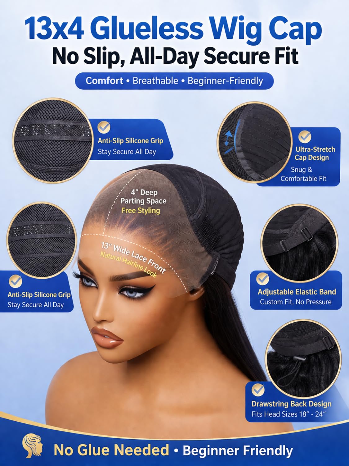 Nadula No Slip 13x4 HD Honey Blonde Body Wave Lace Front Drawstring Wig Human Hair, Pre Everything Glueless Ombre Wavy Wig with Ear Tape 150% Density Ready to Wear Ombre Highlight Color 24inch