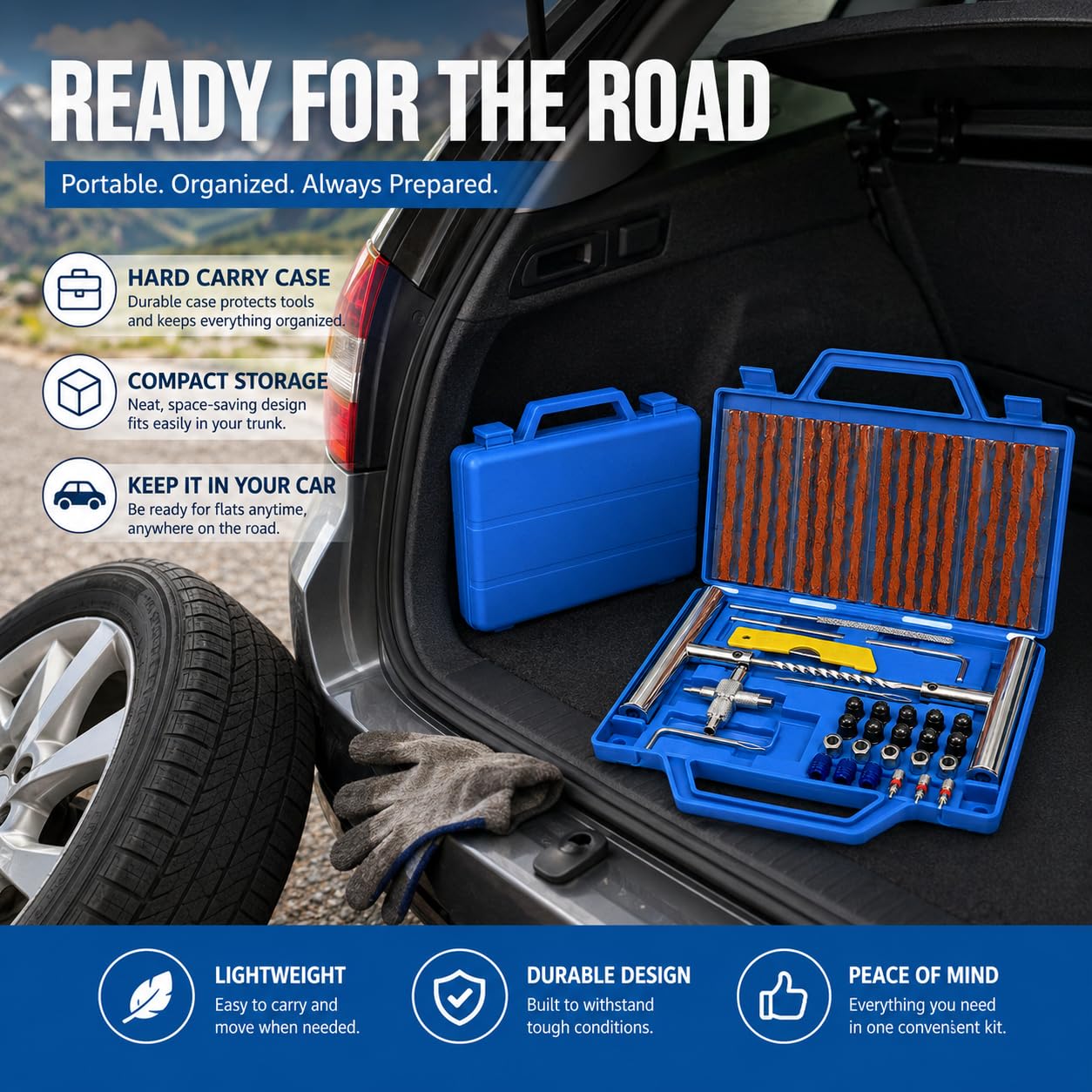 Kit di Riparazione Pneumatici 57 Pezzi Set di Emergenza Tubeless