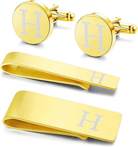 LOYALLOOK 4Pcs Stainless Steel Engraved Initial Cufflinks and Tie Bar Money Clip Set Personalized Button Shirt Initials Tie Clip Alphabet Letter A-Z
