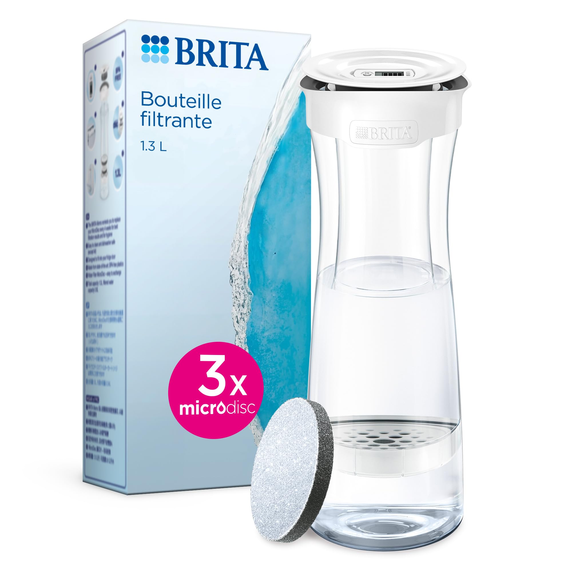 Brita Carafe Filtrante Blanc/Gris 1,3L - Inclus 3 Filtres MicroDisc - Filtre le Chlore et les Substances Altérant le Goût - Sans BPA - Facile à Utiliser