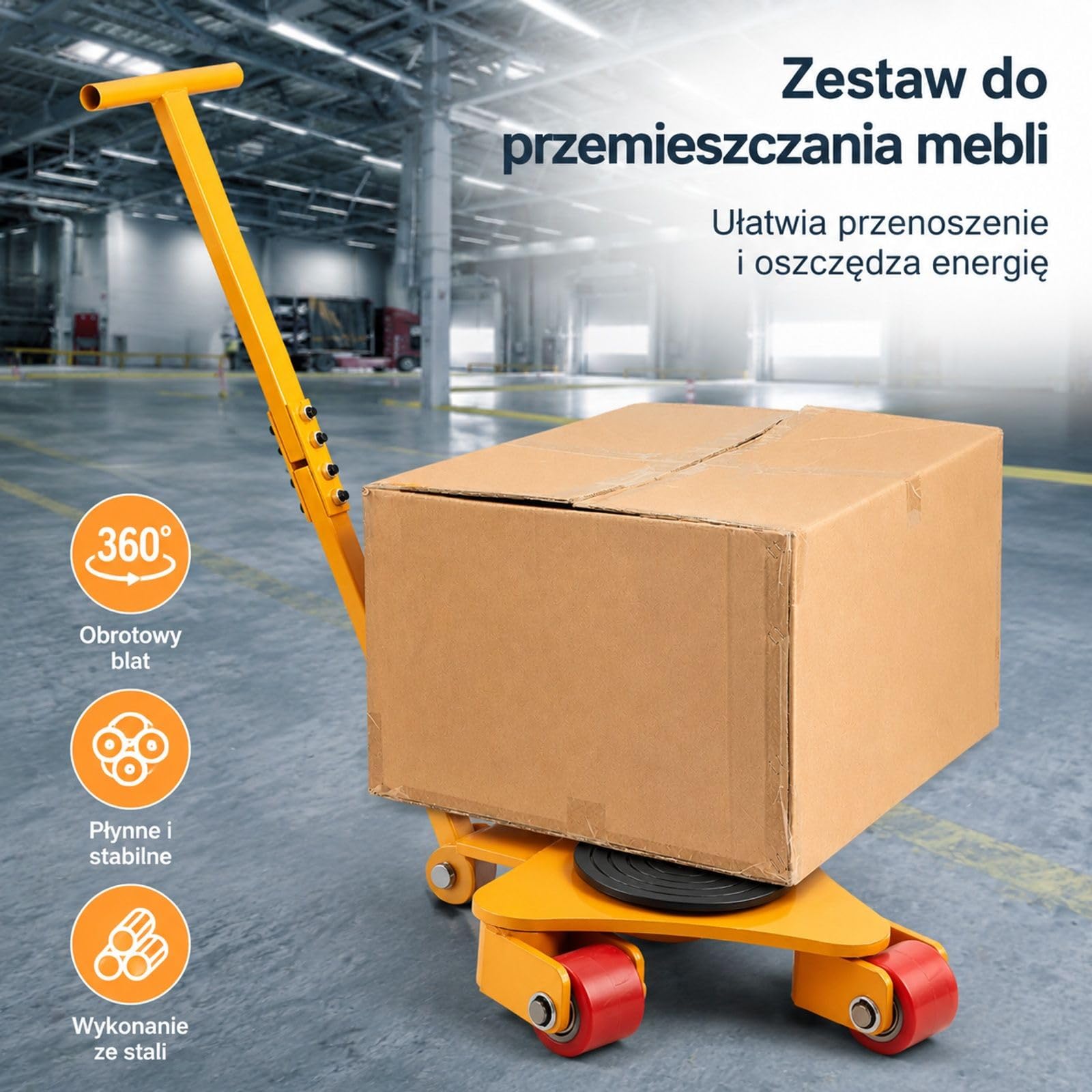Wozek transportowy z uchwytem, stal weglowa do przenoszenia mebli z 3 skretnymi kolkami PU i plyta obrotowa do magazynu warsztatu fabryki
