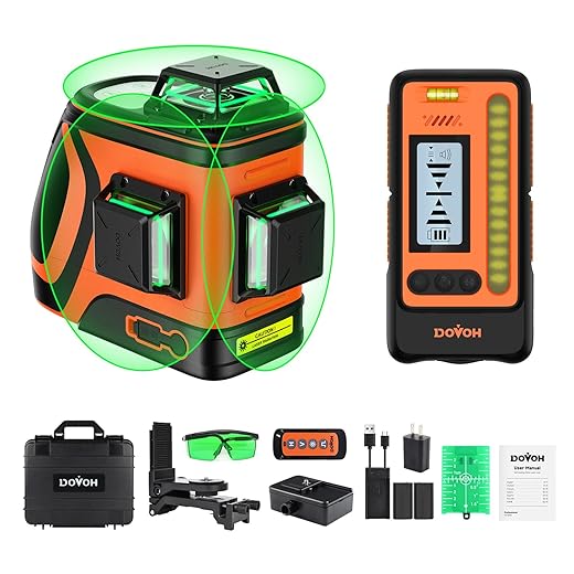 DOVOH Outdoor Laser Level with Receiver : Daylight High Visibility Laser Level 360 Self Leveling Up To 400ft Long Range High Power Green with Detector Outside Construction Landscaping, H3-360G
