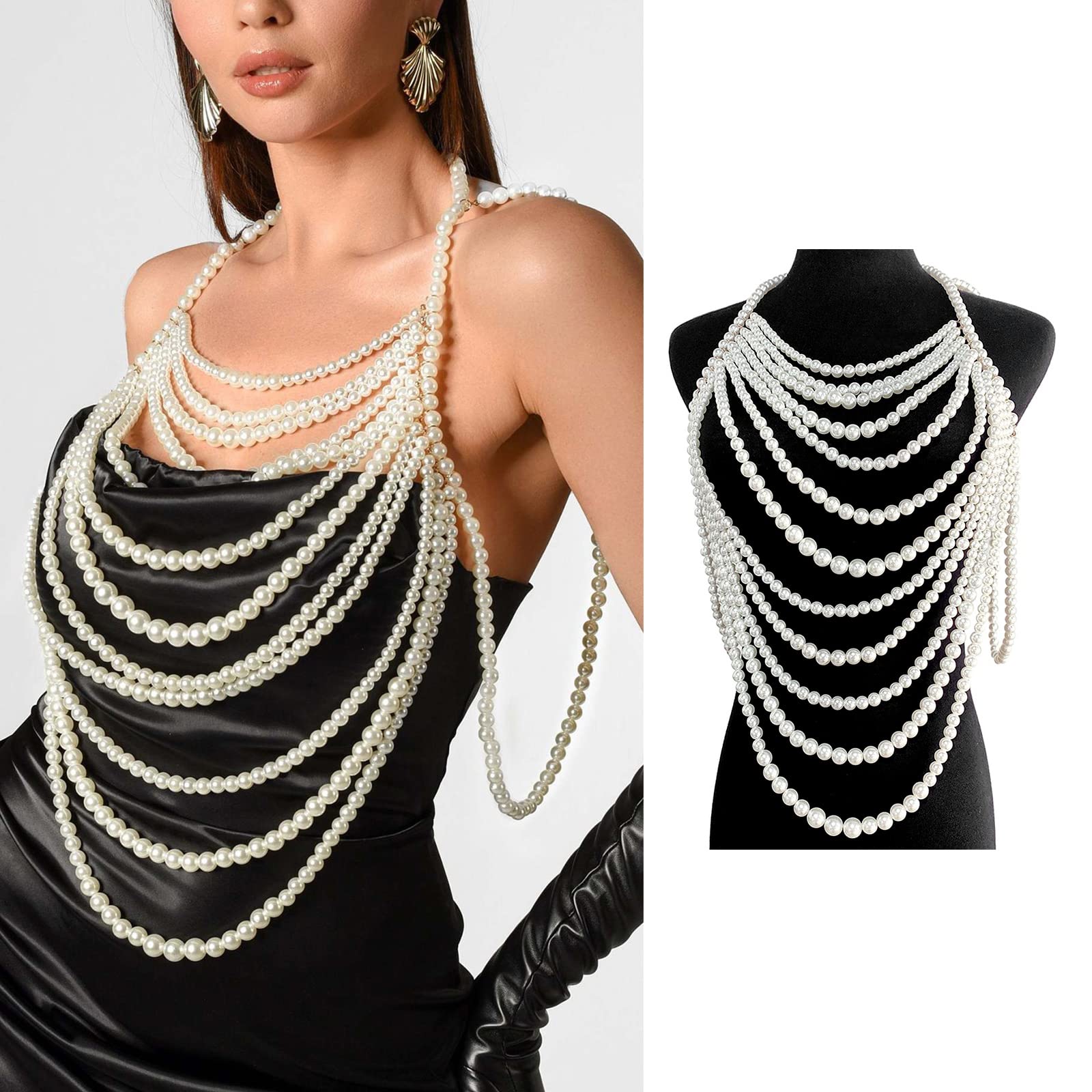 Collana multistrato con perline e perle per il corpo, bralette pettorale, gioiello per il corpo