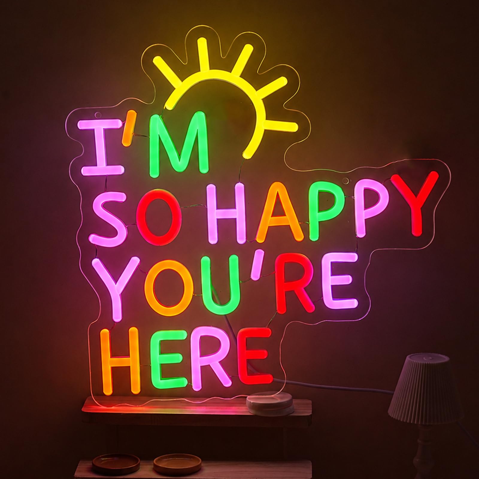 Cartello al neon con scritta "I'm So Happy You're Here", dimmerabile, lettera positiva, affermazione positiva, alimentata tramite USB, colorata, luce di benvenuto, per aule, matrimoni, feste, negozi