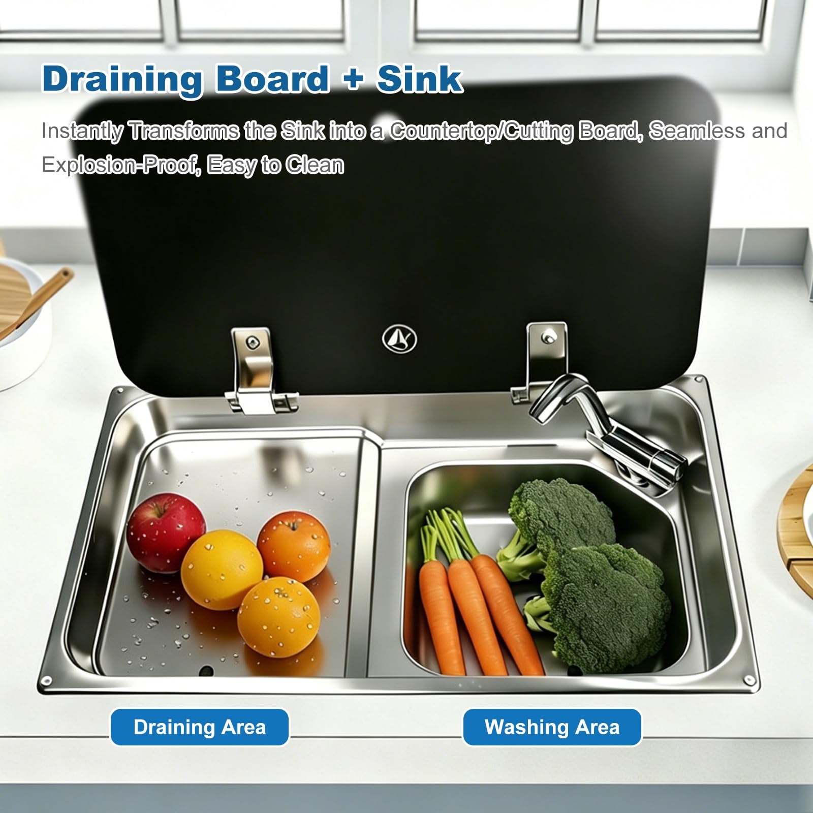 Fregadero para Autocaravana, Fregadero de Cocina de Acero Inoxidable con Tapa de Vidrio Templado, Grifo Plegable, Kit de Desagüe, para Caravana, Barco, Minicasa