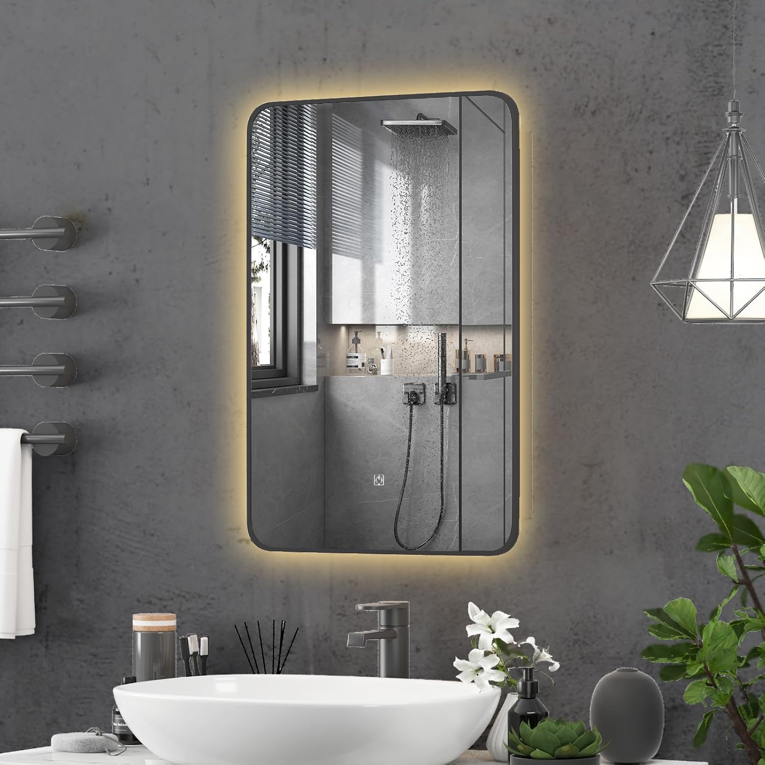 Mepplzian Spiegelschrank Bad mit Ambient-Stimmungsbeleuchtung, Badschrank Hängend mit Spiegel und Ablage, Badezimmer Spiegelschrank, Wandschrank, Stufenlos dimmbar, 51x76 cm Schwarz