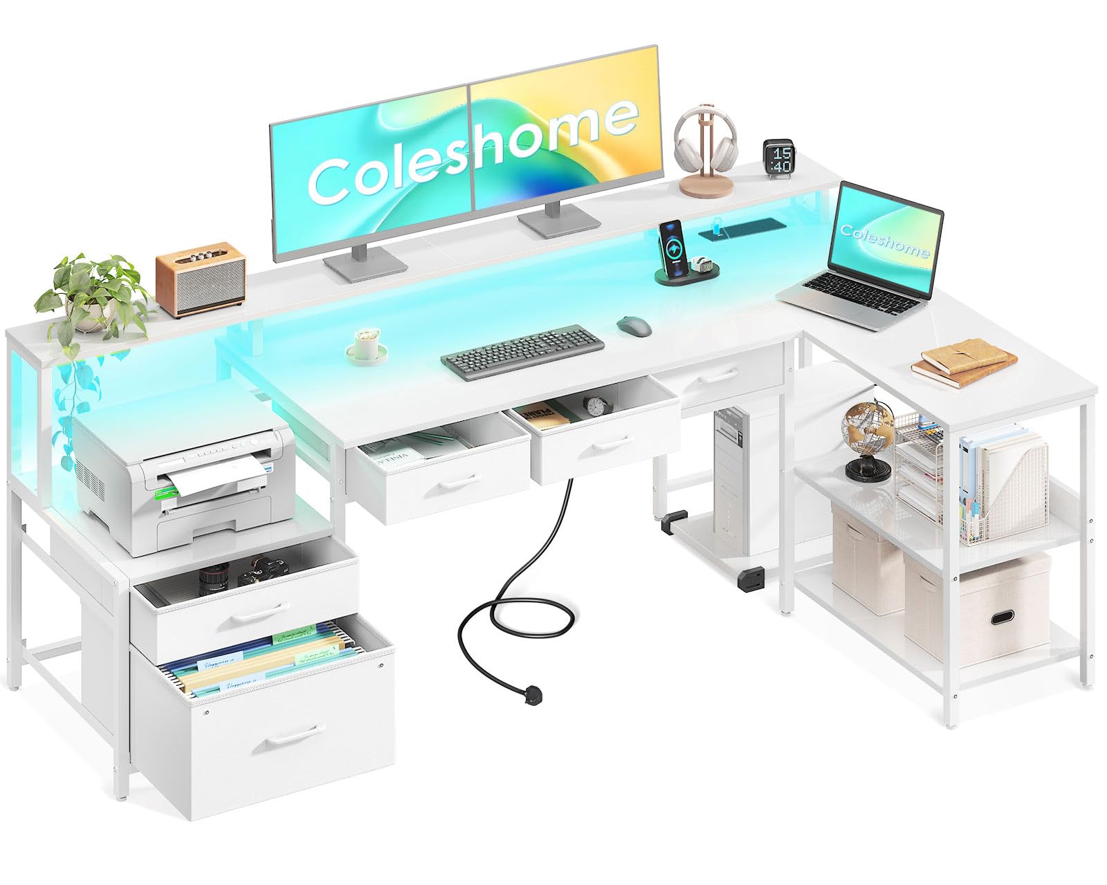 Coleshome 175x100 cm Corner Desk with Drawers, Reversible L Shaped Desk with LED lights & Power Outlet, Home Office Desks with Monitor Shelf, Large Computer Table with Storage Shelf, White