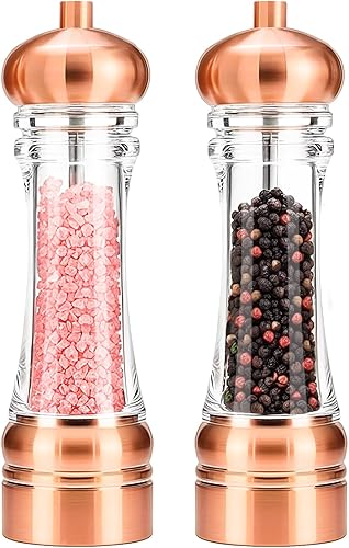 Miniatura 6 de Juego de molinillo de sal y pimienta dorado, molinillo de pimienta de madera, molinillo manual de sal y pimienta, grosor ajustable, parte superior