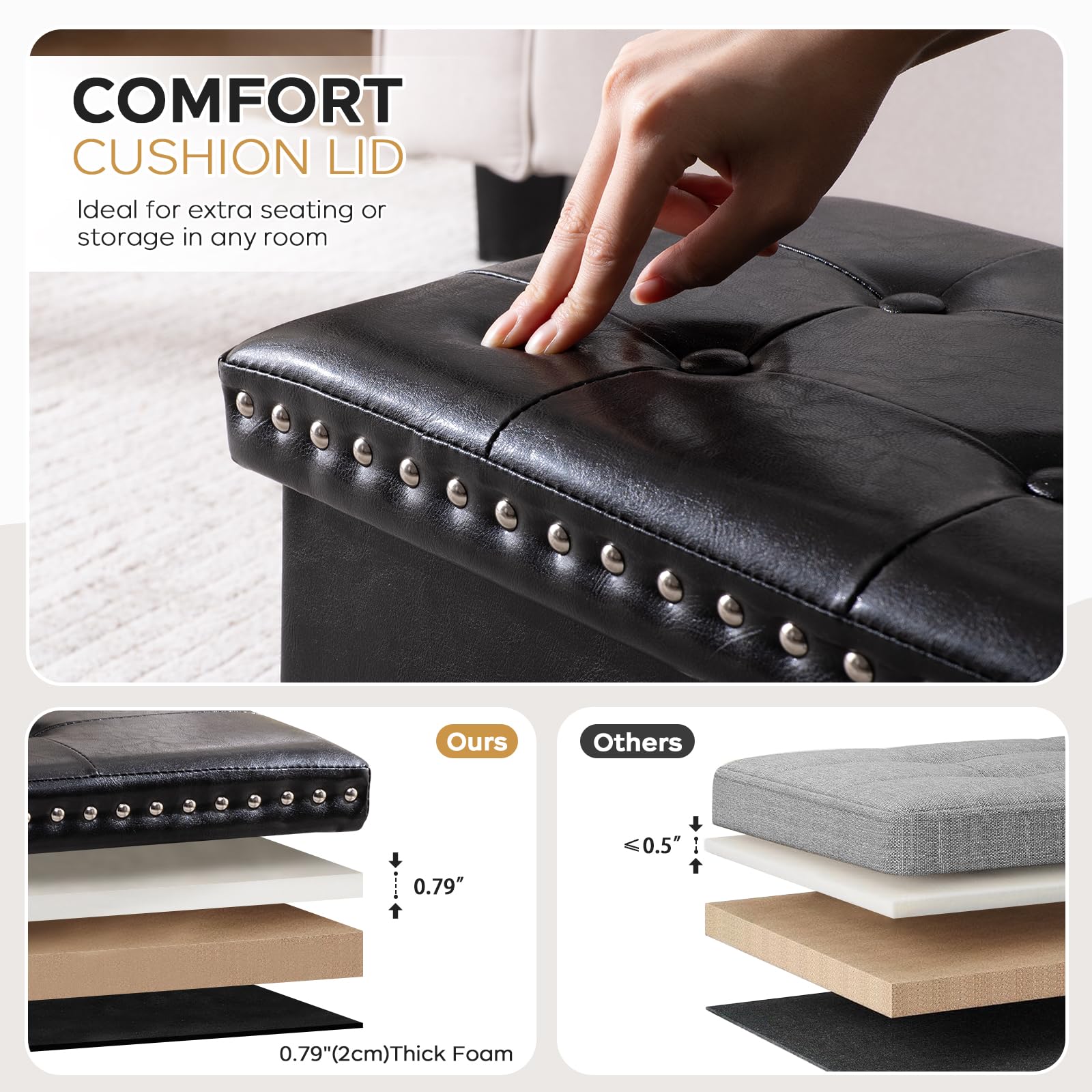 oakvivo Small 16 x 12 x12 Inches Folding Storage Ottoman, Faux Leather Foot Rest Stool with Rivet Design, Ottoman with Storage Vanity Stool Coffee Table for Living Room, Bedroom, Load 242 lbs, Green: Black 12"D x 16"W x 12"H