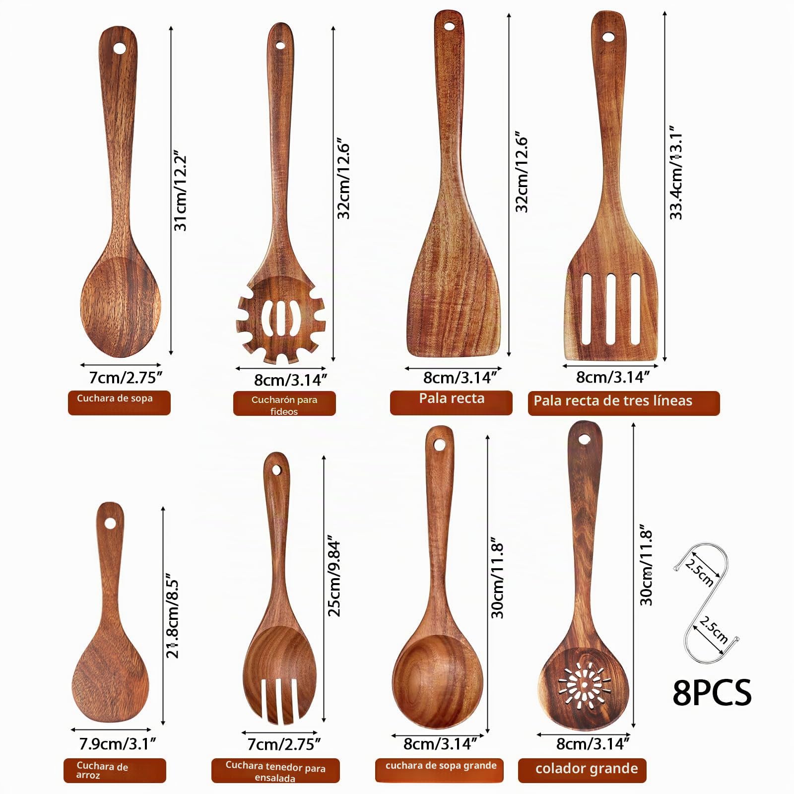 8 Piezas Juego de Utensilios de Cocina de Madera de Acacia con Espátula | Cucharón Cubiertos para Ensalada Cucharón para Pasta Cuchara para Arroz y 8 Ganchos en S, Resistente y Antiadherentes
