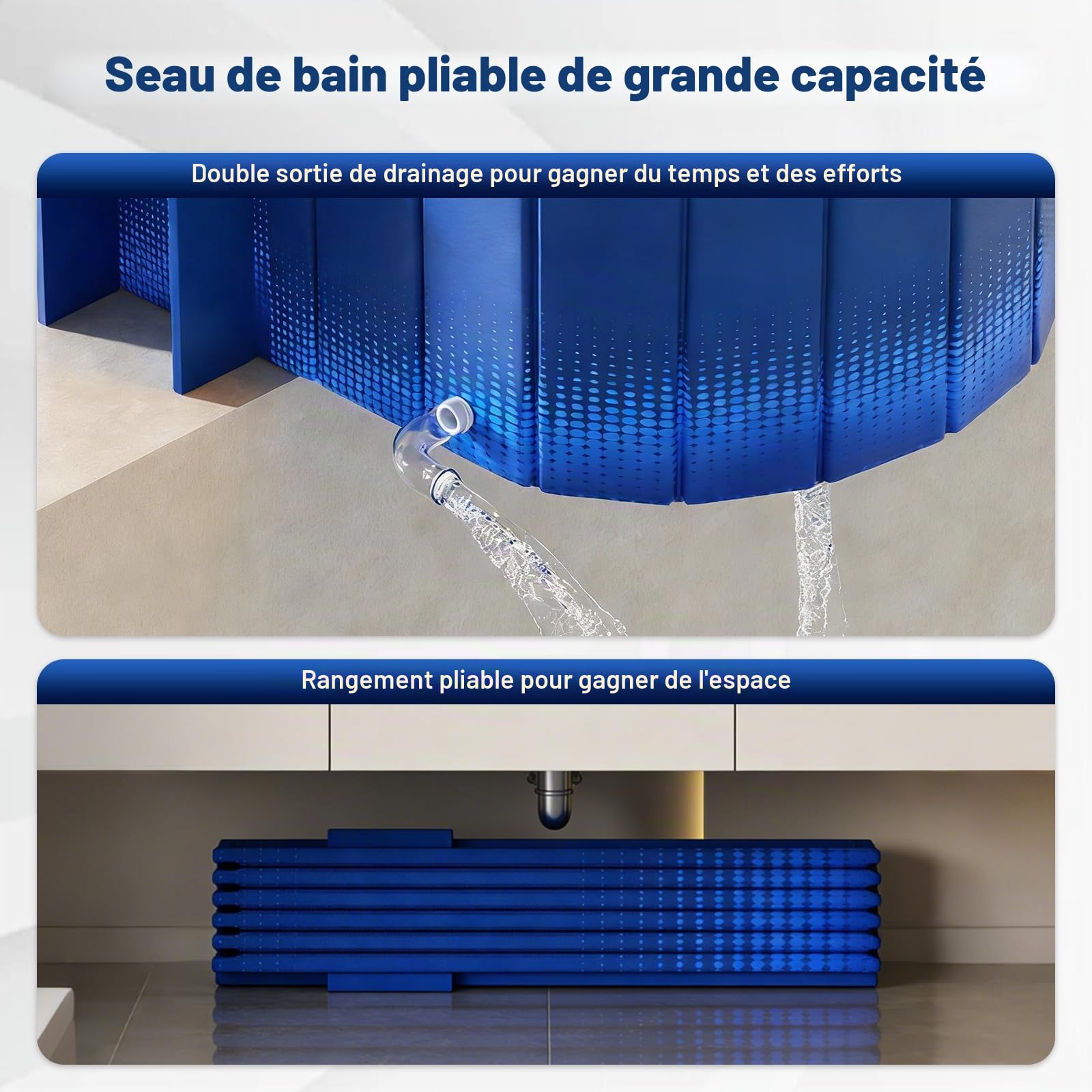 Baignoire portable de 150 cm avec étagère, pliable pour 2 personnes, sans gonflage, baignoire de trempage, bain glacé et spa chaud 2 en 1 pour douche, jardin et camping (bleu)