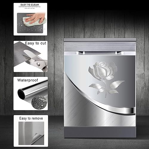 Miniatura 4 de Calcomanías de gabinete de casa de flores grises, calcomanías de electrodomésticos florales de acero inoxidable, calcomanía para lavavajillas de