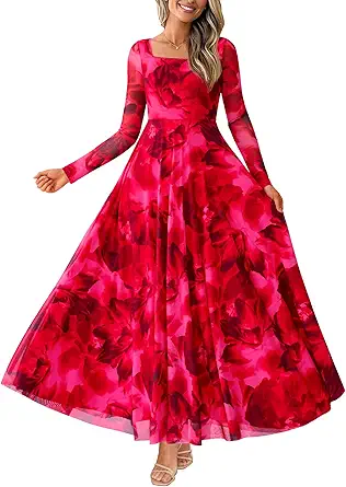 BTFBM Women Maxi Dress Fall 2025 Fashion Elegant Long Sleeve Square Neck Floral Print Party Club Wedding Guest Dresses