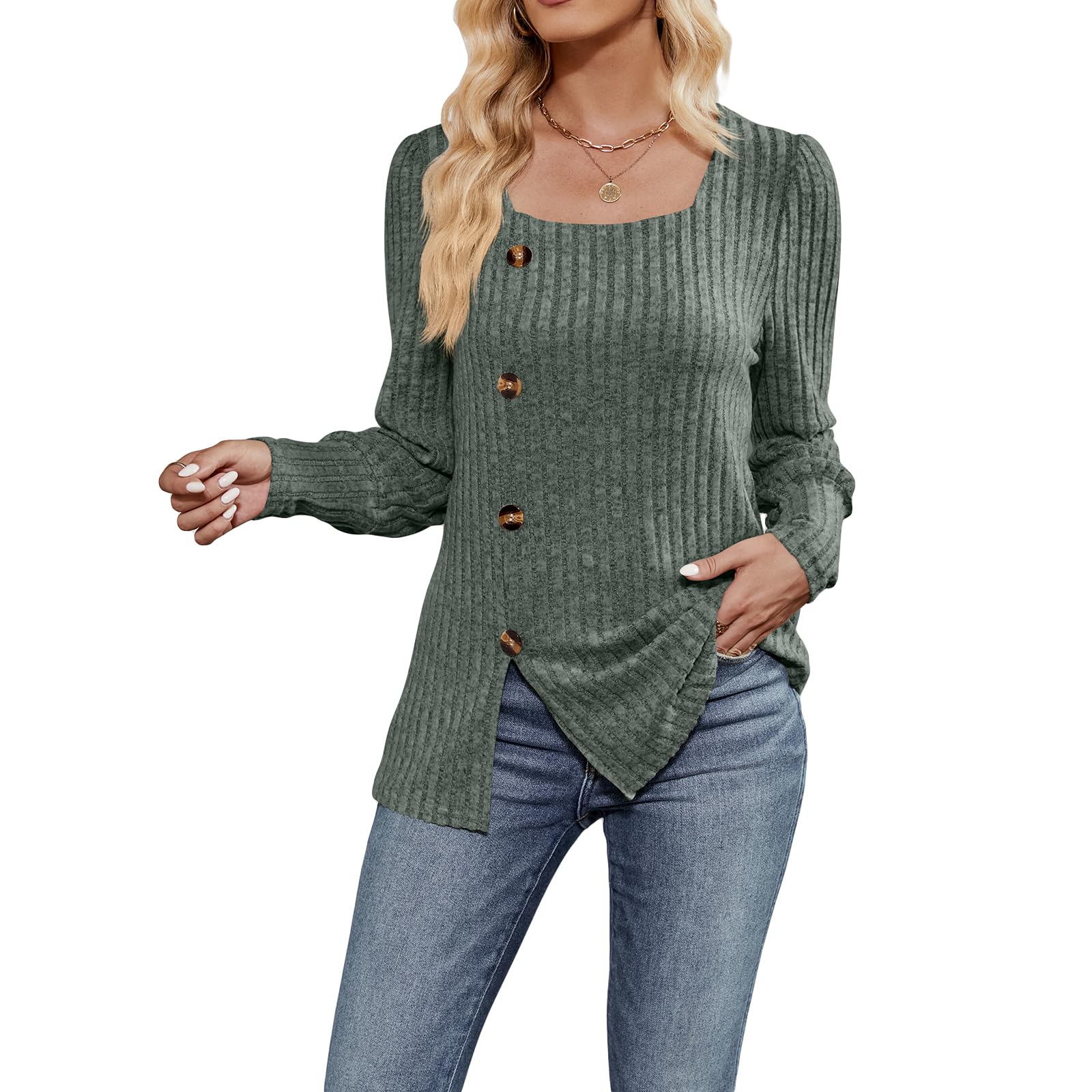 BemeUSWTWomen Fashion Ribbed T-Shirts Solid Color Square Neck Buttons Puff Long Sleeve Shirts Spring Fall Casual Loose Fit Tops (Army Green, L)