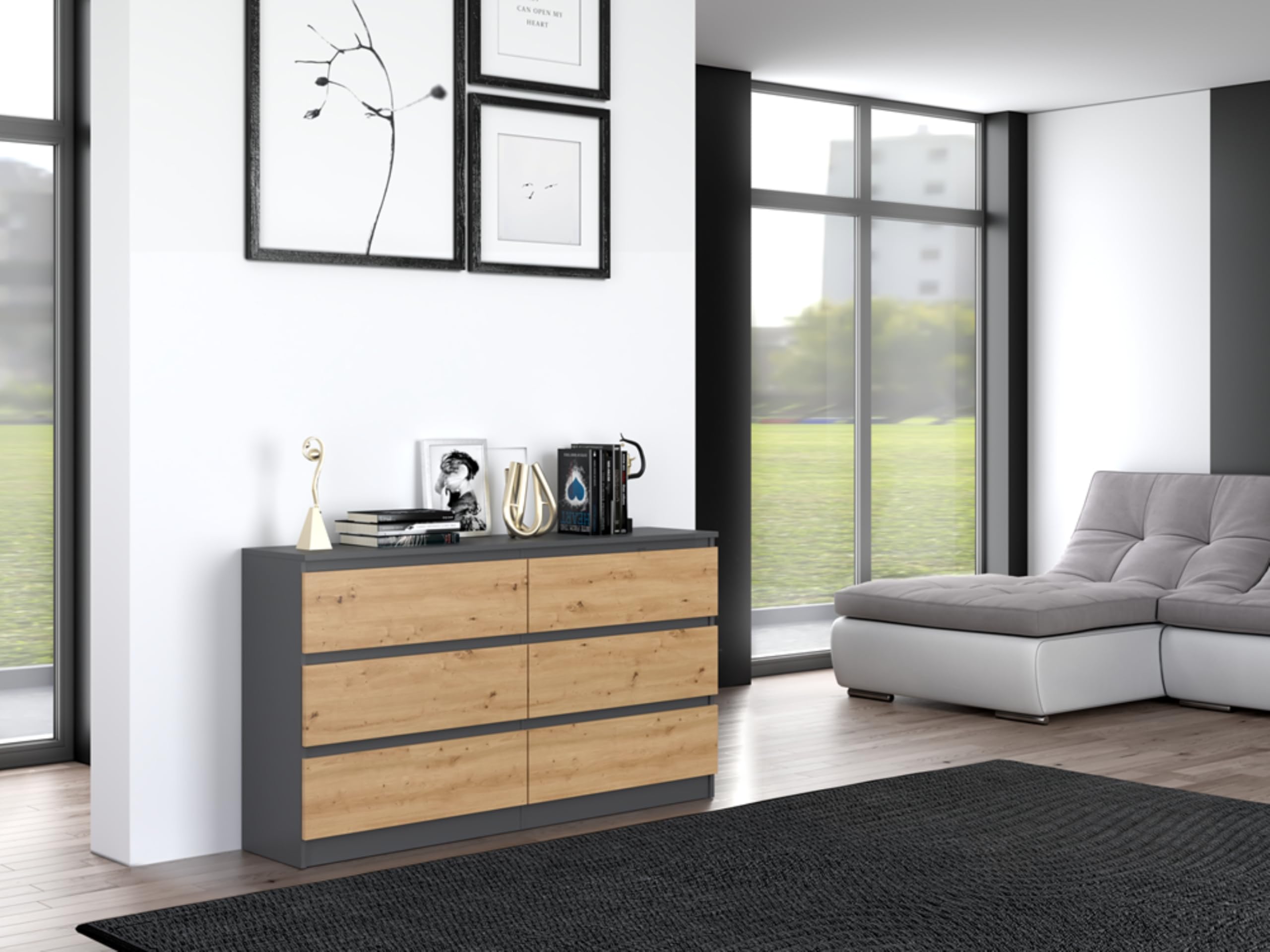 Home Collective Kommode, Schlafzimmer Flur, Schrank, Sideboard, Highboard mit 6 Schubladen, Breite 140 cm Höhe 75 | Anthrazit Artisan Perfekt für Wohnzimmer, Schlafzimmer oder Esszimmer