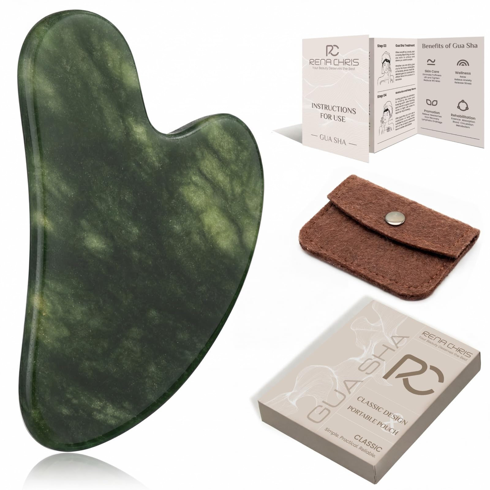 Rena Chris Gua Sha Facial Tools, Jade Guasha Tool for Face - Dark Green