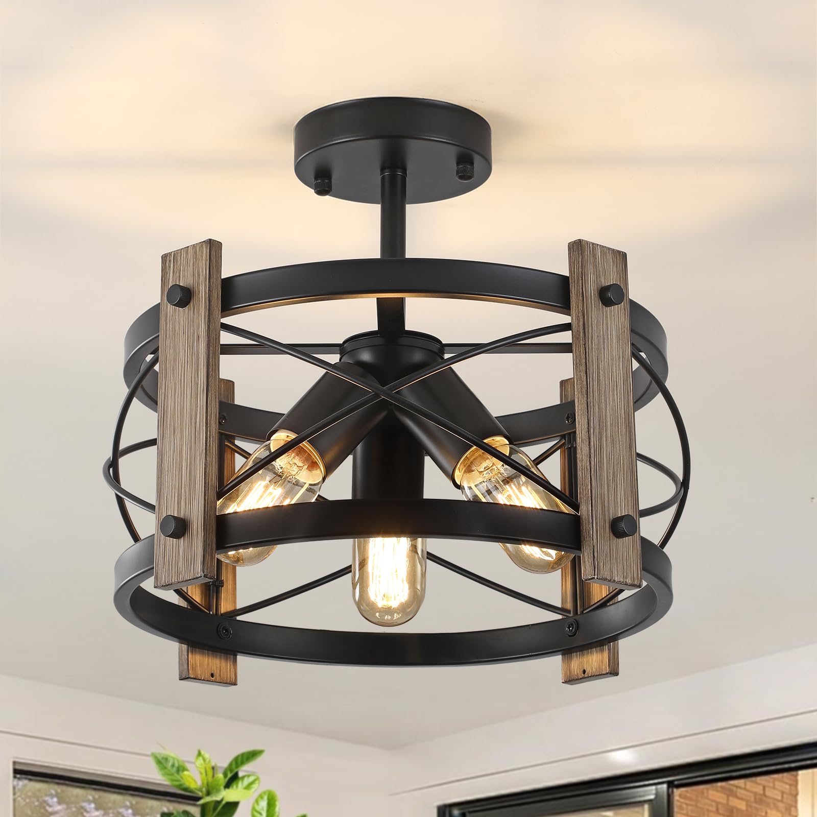 KEESFU Farmhouse Light Fixture 3-Light Kitchen Lighting Fixtures Ceiling Mount,Rustic Ceiling Light Black Metal,Farmhouse Ceiling Light for Dining Room Hallway Bedroom Entryway