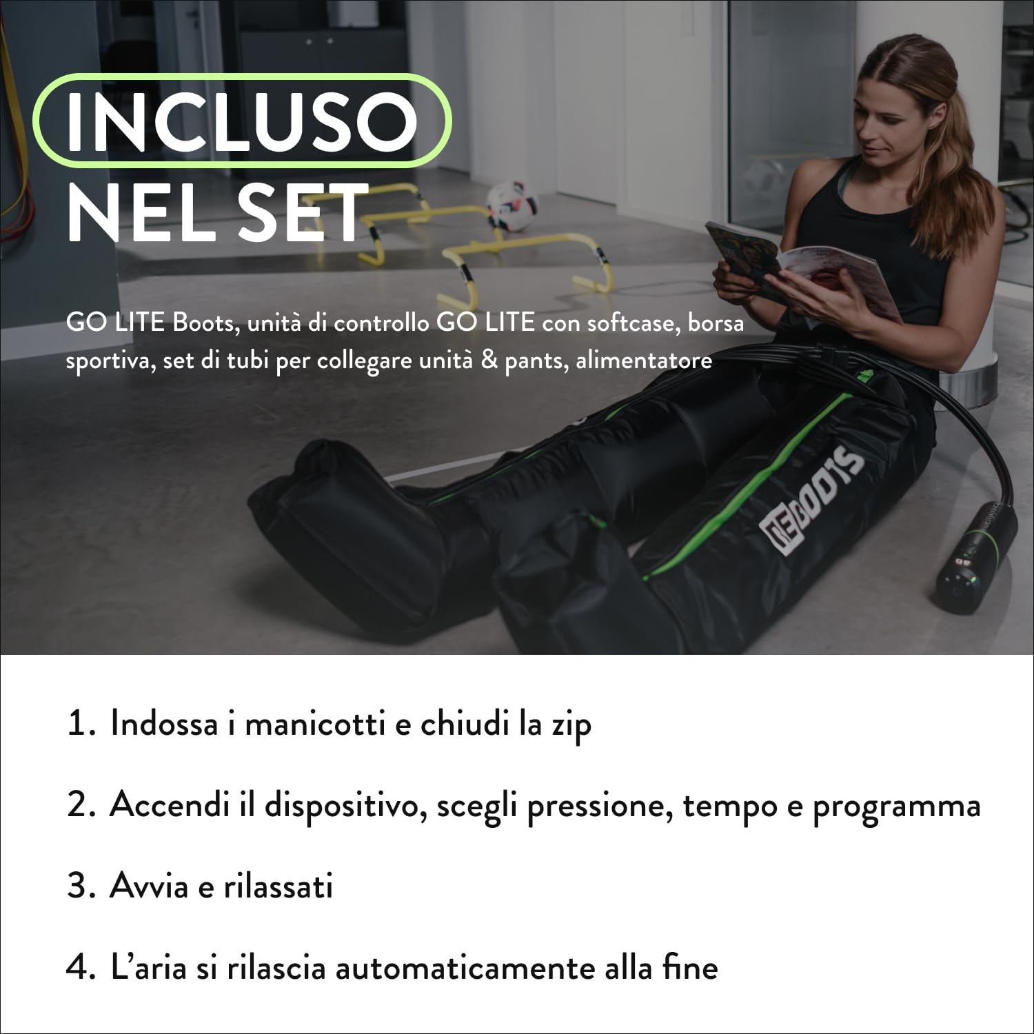 Go Lite Boots - Massaggiatore per gambe | 180 mmHg | 4 camere sovrapposte | per casa e in viaggio | recupero muscolare | L