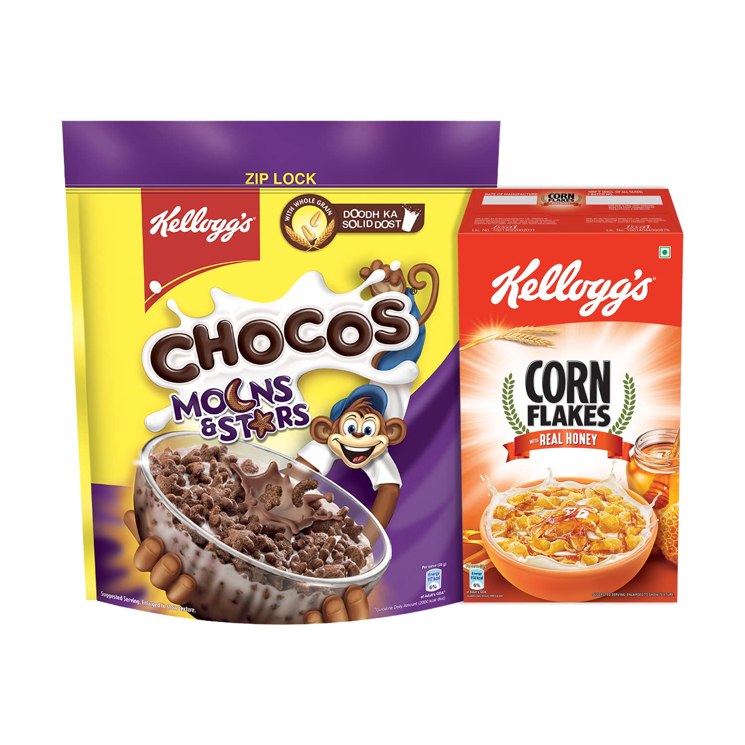 Kellogg's Chocos Moons & Stars, With Whole Grain, Source Of Fibre, High In Calcium & Protein, With 1 & Corn Flakes with Honey, 630g
