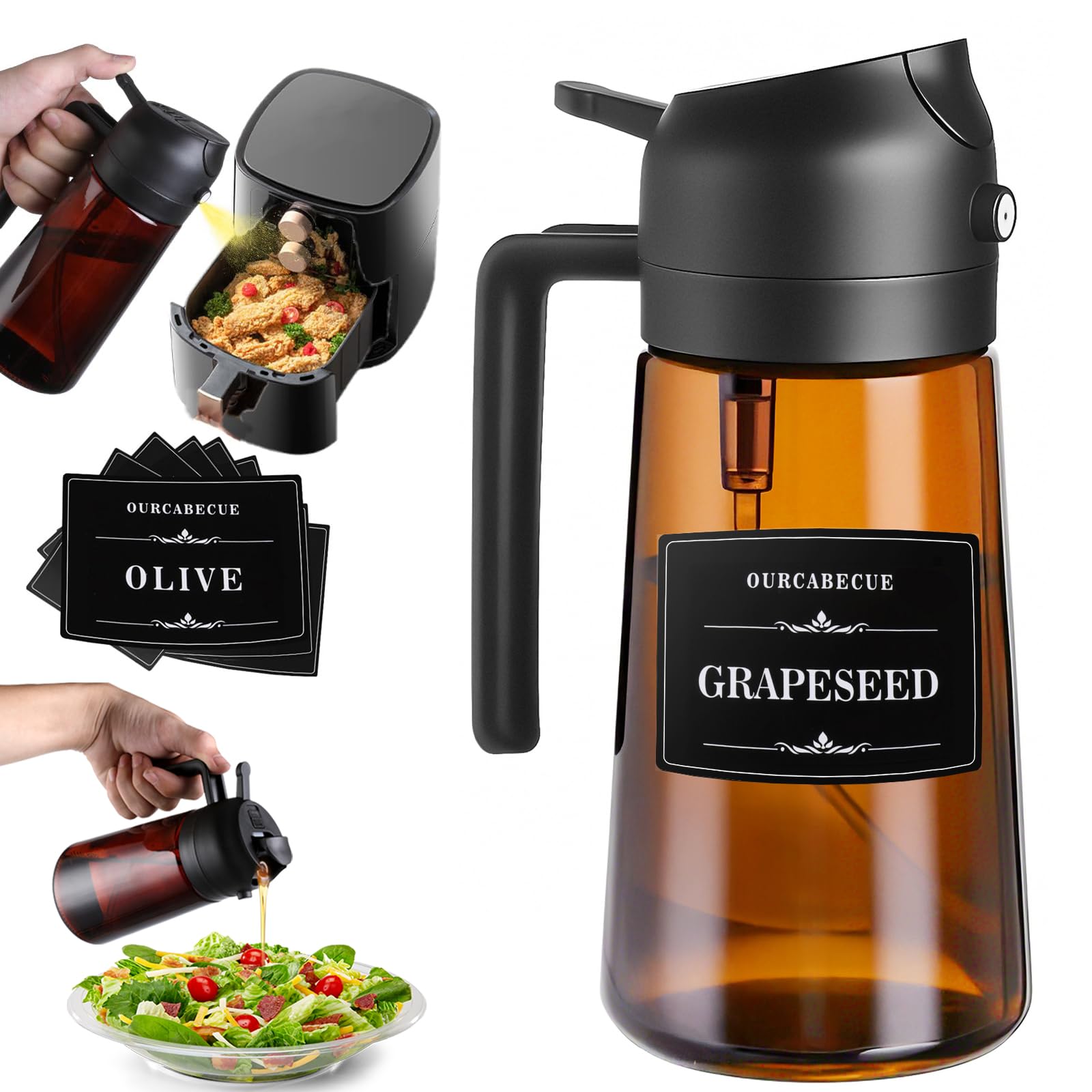 YARRAMATE 16oz/470ml 2STKS Lichte Blokkering Donkere Olie Sproeier voor Koken, 2 in 1 Olijfolie Dispenser Fles voor Keuken