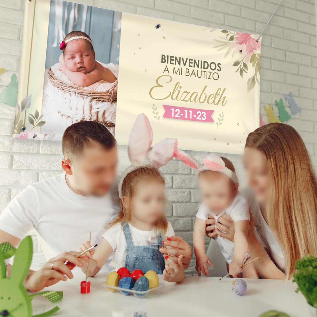 Cartel Personalizado para Bautizo con Foto, Nombre y Fecha en 21 Tamaños – Ideal como Pancarta Personalizada con Lona Impresión UV - Banner o Photocall para Decoración Bautizo Niño o Niña (Beige)