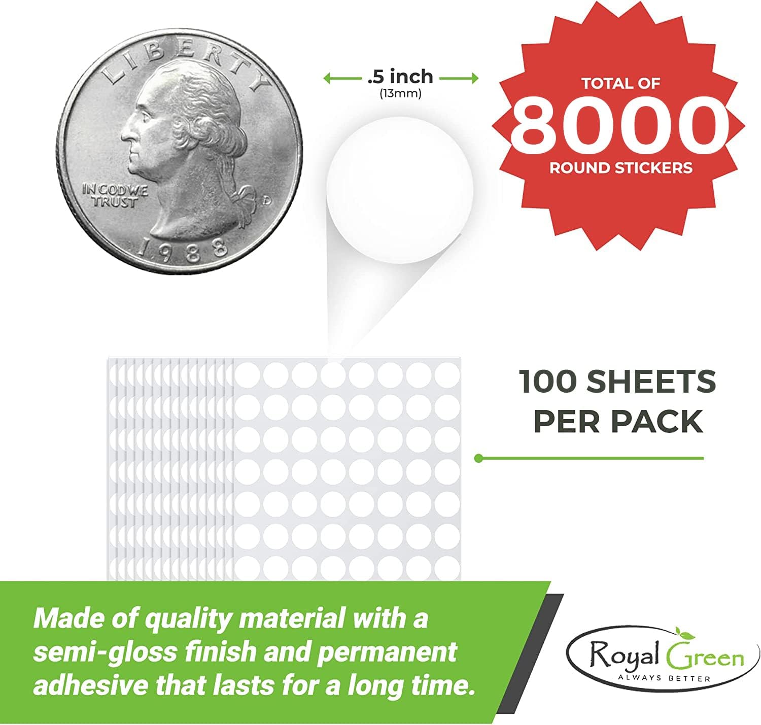 Royal Green Color Coding Labels, Small Circle Metallic Labels Stickers for Easy Organizing, Supplies, Boxes, Inventory for Office & Home - 100 Sheets, 1/2 Inch, Silver
