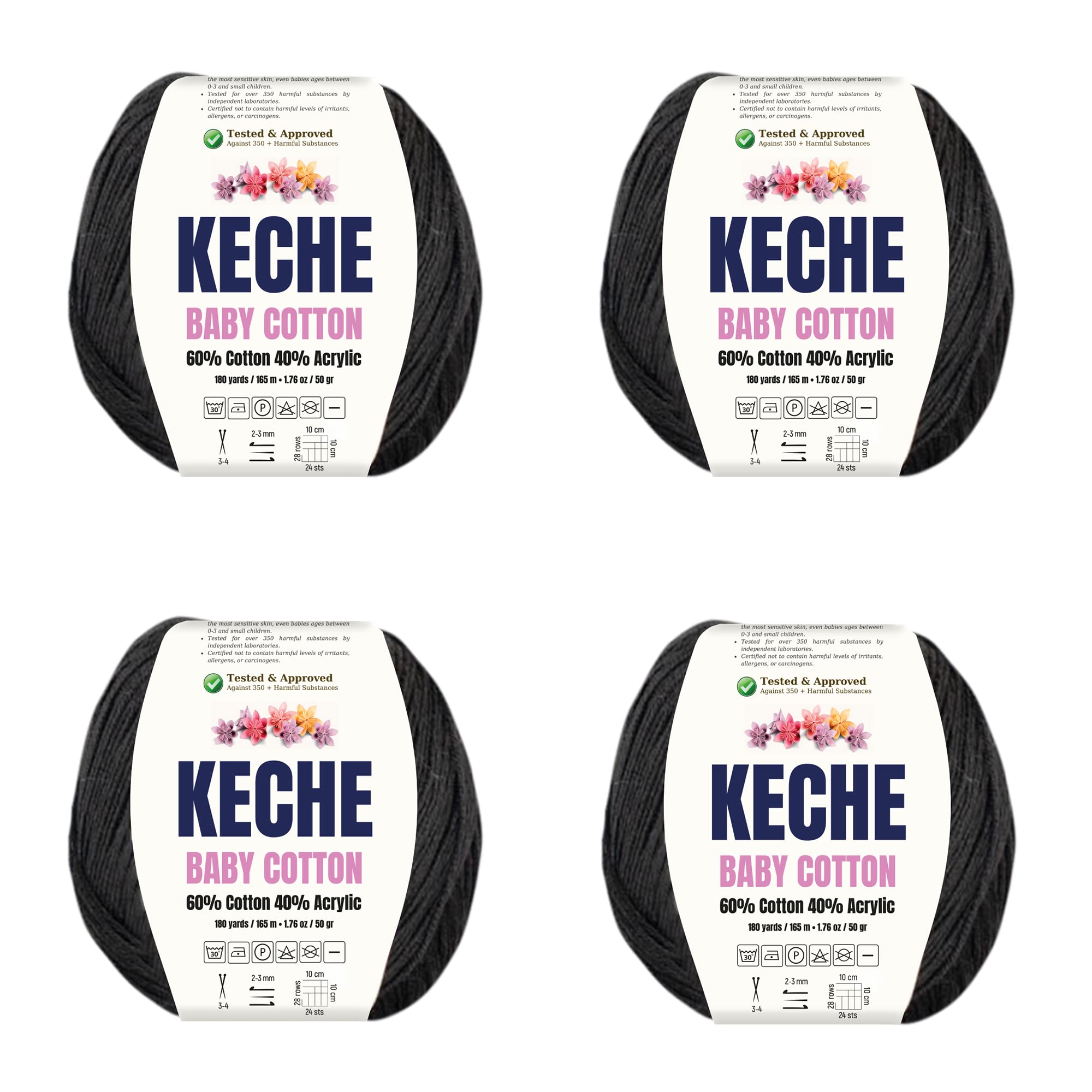 KECHECotton Yarn, 60% Cotton 40% Acrylic Yarn, Soft Cotton Yarn for Crochet and Knitting, Amigurumi Yarn 4 Skeins/Balls [1.76 Oz (50g) / 180 Yrds (165m)] x 4 - Black