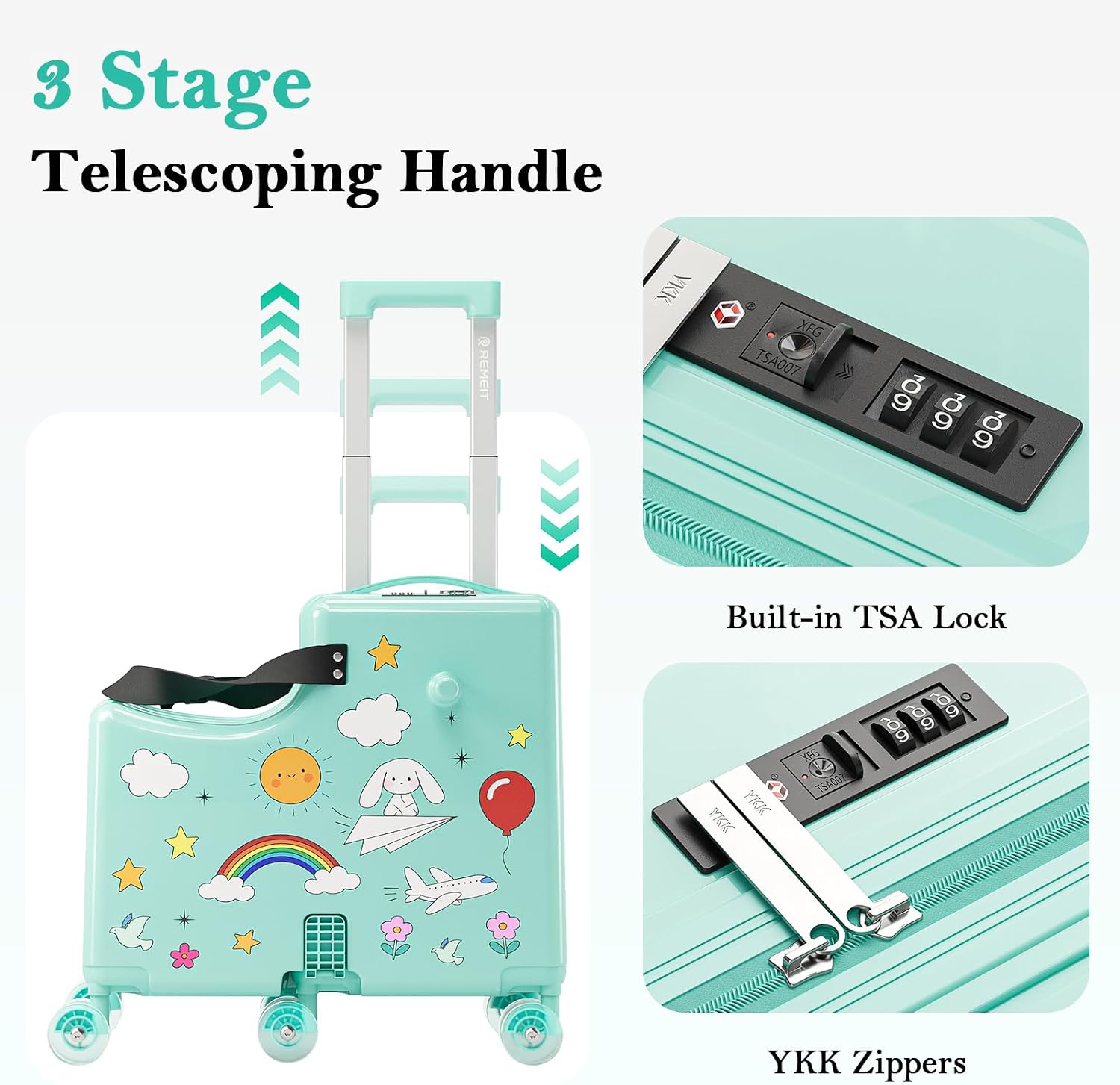 Ride On Suitcase for Kids, Kids Ride On Luggage with Wheels, Hard Shell Kids Suitcase with TSA Lock, Foldable Pedal, Cup Holder, Safety Belt & 6 Spinner Wheels, Toddler Carry On Luggage, Green