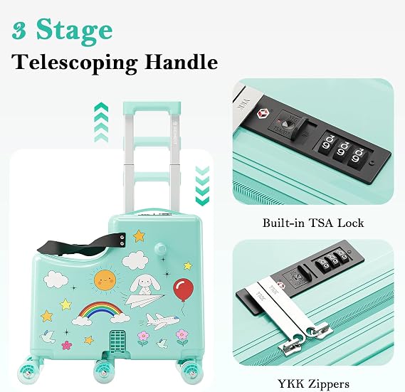 Ride On Suitcase for Kids, Kids Ride On Luggage with Wheels, Hard Shell Kids Suitcase with TSA Lock, Foldable Pedal, Cup Holder, Safety Belt & 6 Spinner Wheels, Toddler Carry On Luggage, Green