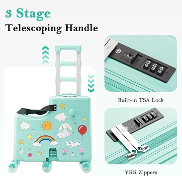 Ride On Suitcase for Kids, Kids Ride On Luggage with Wheels, Hard Shell Kids Suitcase with TSA Lock, Foldable Pedal, Cup Holder, Safety Belt & 6 Spinner Wheels, Toddler Carry On Luggage, Green