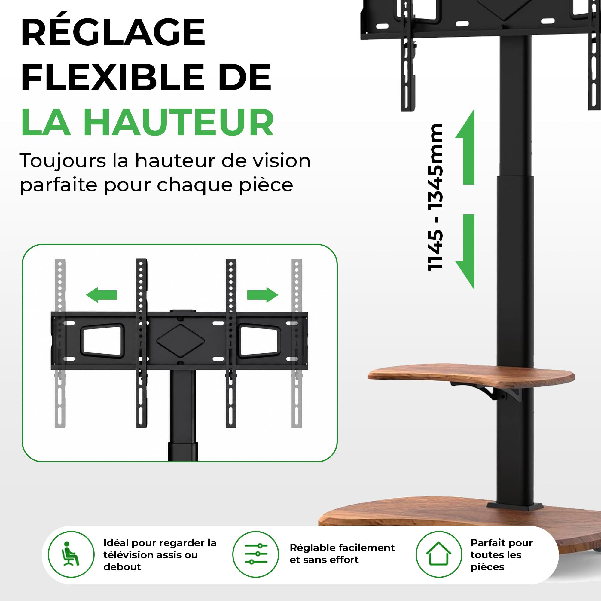 Stellar Support TV Roulant avec Etagère en Bois - Meuble Tele, Chariot Meuble TV à Hauteur Ajustable avec roulettes pour TV 32-70" Jusqu'à 45 kg - Support de TV Universel Max VESA 600x400mm