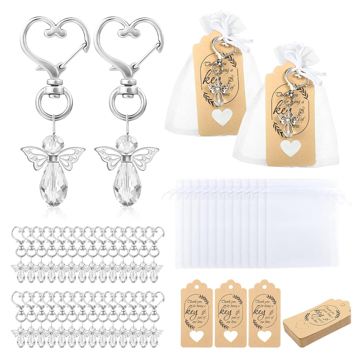 GWHOLE 30 Set of Crystal White Angel Keychain Favors Set, Angel Wing Pendant
