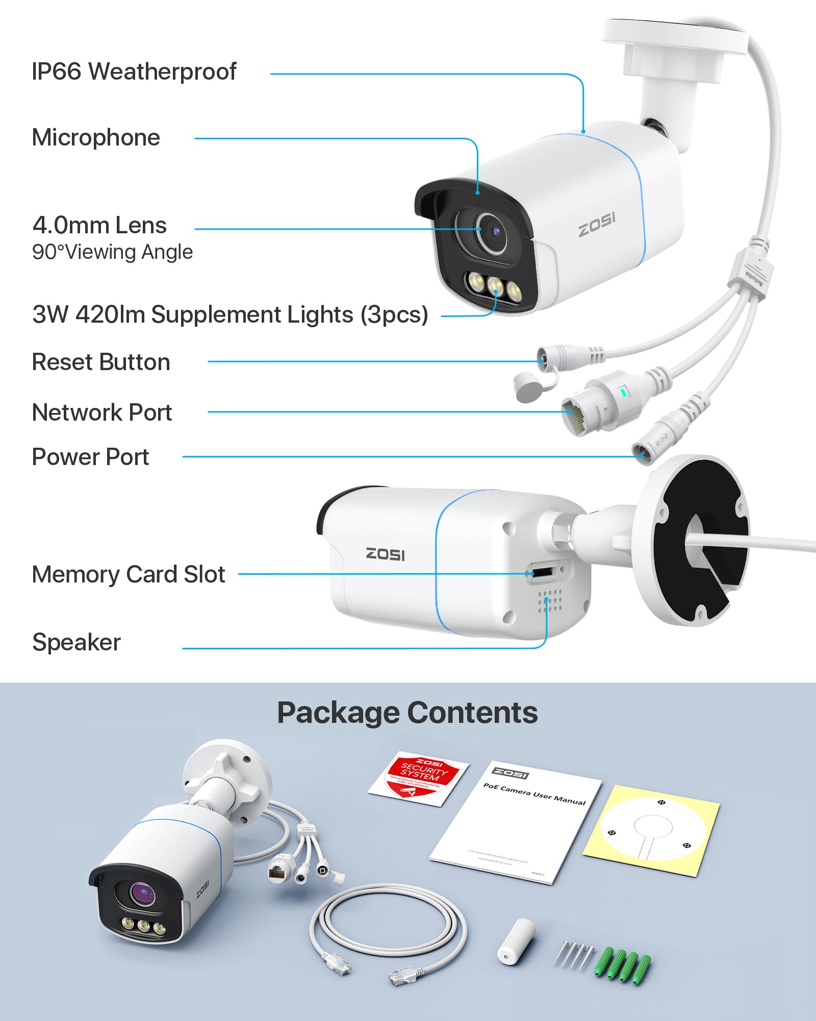ZOSI C186 3K Cámara Vigilancia PoE Exterior, con Visión Nocturna Aurora a Todo Color, Detección de Persona/Vehículo, Alarma Sonora y Luminosa, Audio Bidireccional, Almacenamiento Opcional