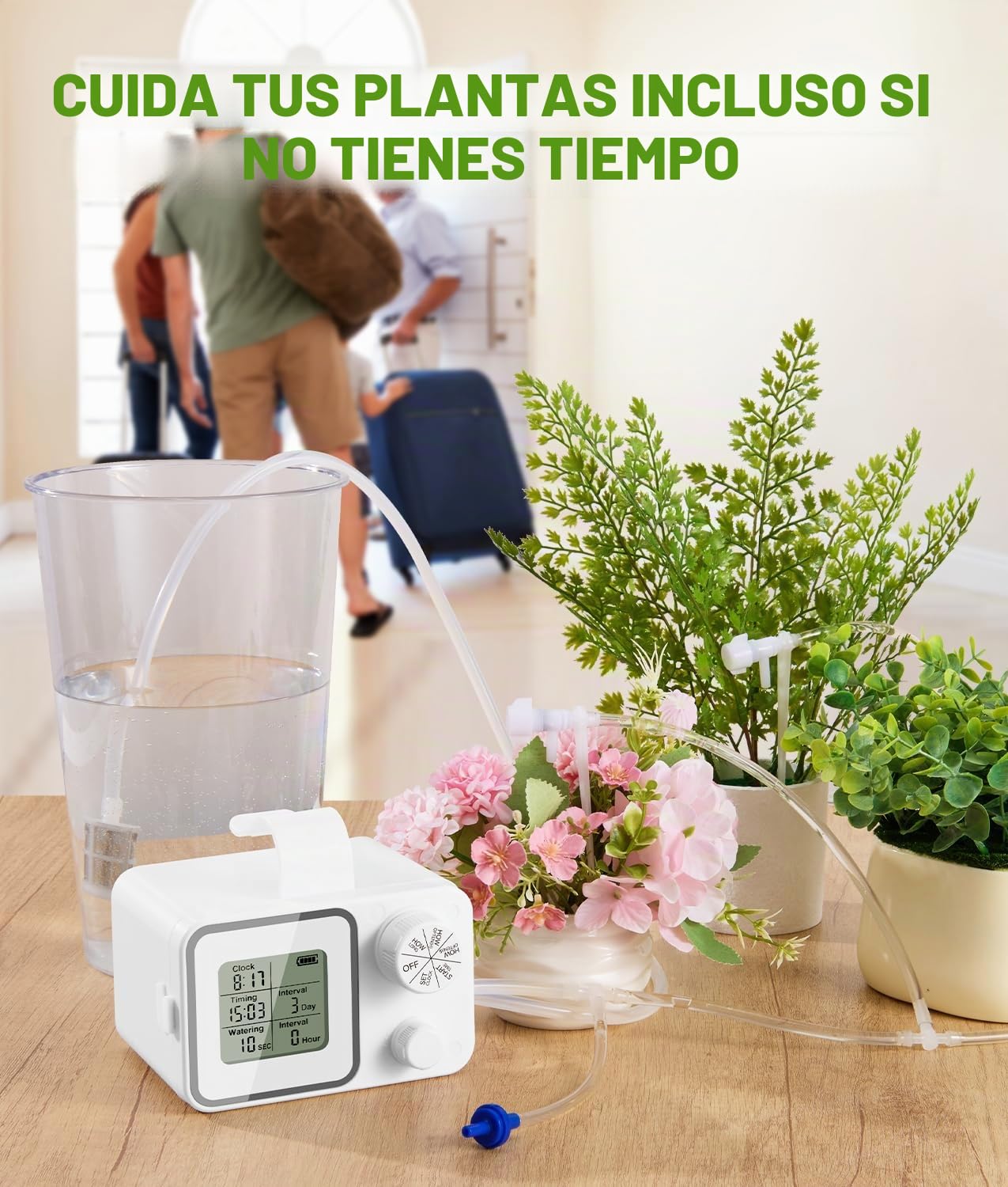 Sistema de riego de WADEO, Autorriego interior para 15 plantas en maceta, Kit de riego automático por goteo con temporizador programable, Manguera de 10m