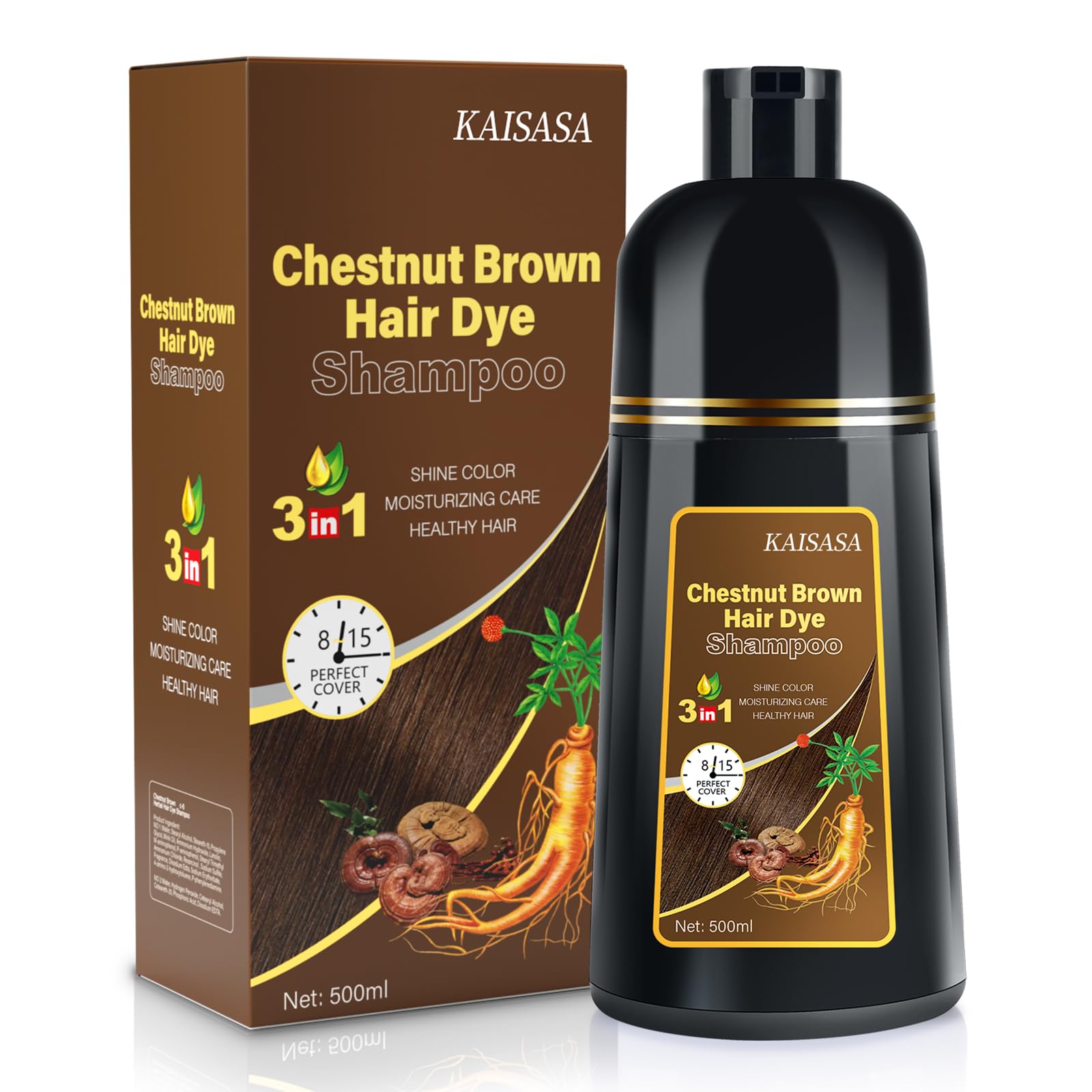 Chestnutbrown Haarfärbeshampoo 3 in 1, Natürliches Haarfärbemittel, Semipermanente Haarfarbe, Grauhaar-Überdeckung, Anti Grau Effekt Shampoo für Coloriertes Haar für Frauen und Männer (500 ml)