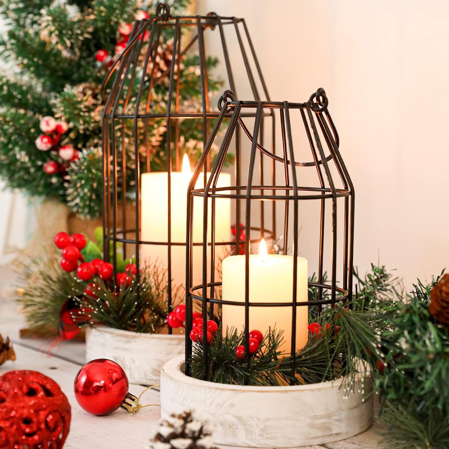 Rustic Wire Metal Cloche Set of 2 Candle Lantern Decorative Indoor Outdoor Vintage Cage Candle Holders Modern Farmhouse Decor for Fireplace Mantle Entryway Living Room Kitchen Dining Table Centerpiece