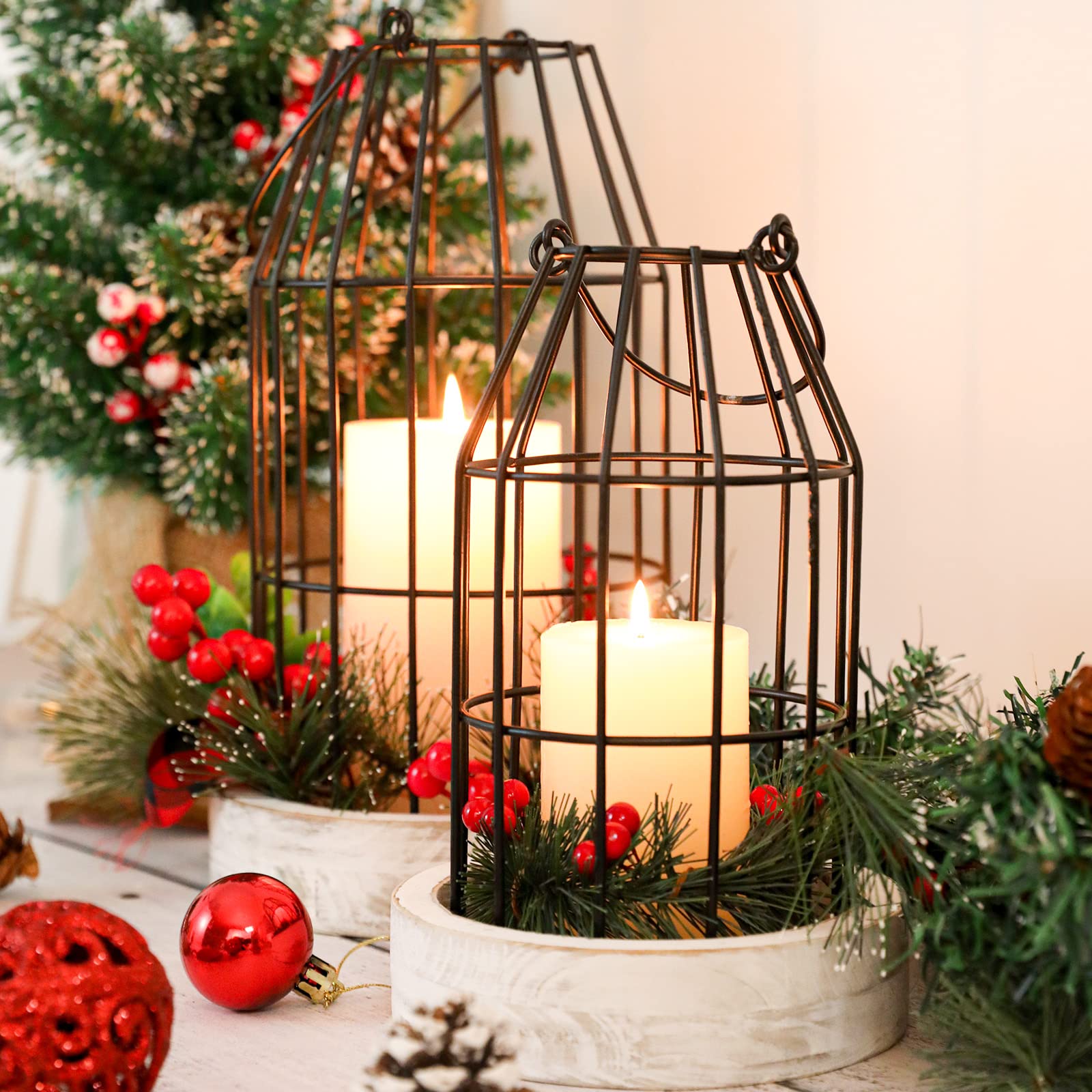 Set Di 2 Lanterne Decorative Rustiche In Legno E Metallo Nero - Grandi E Piccole, Impilabili, Per Candele, Piante O Luci, Per Camino, Tavolo O Ingresso