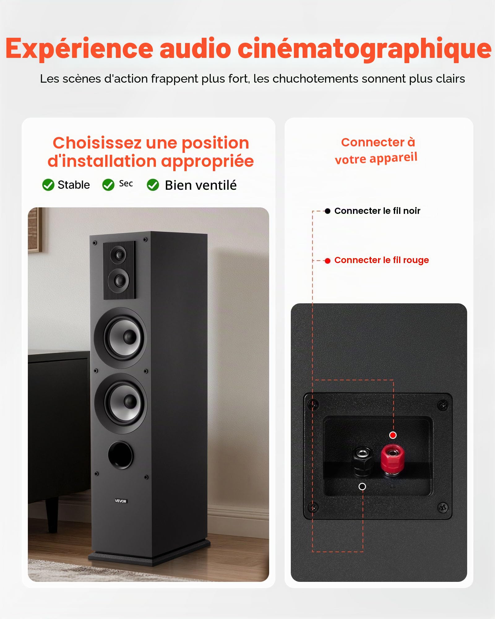 VEVOR Enceinte Colonne, 3 Voies, Tour de Son avec Tweeter 19 mm 25,4 mm, Woofer 133,4 mm, Puissance de Crête 145 W, Réponse en Fréquence 70 Hz à 20 kHz, Boîtier en MDF, pour Système Audio Domestique