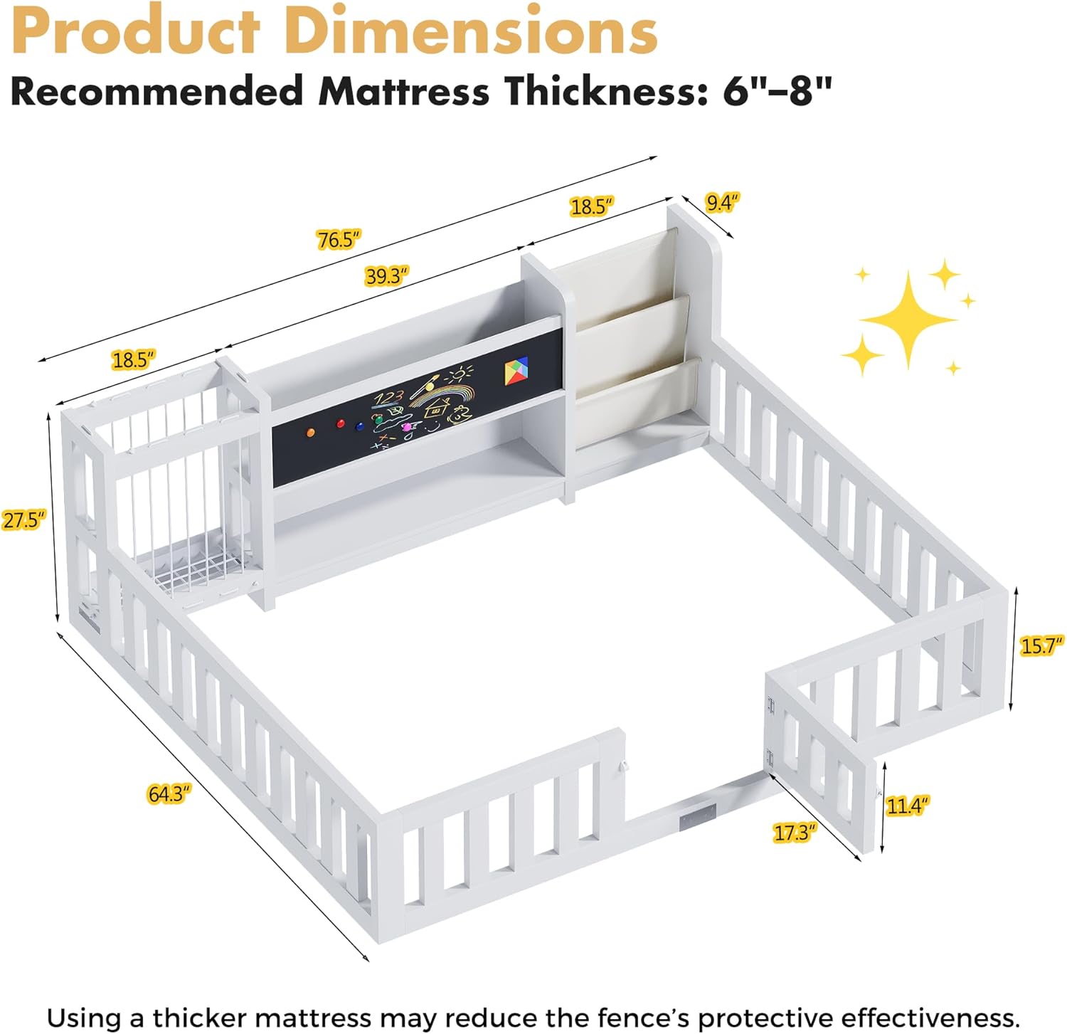 smilesun Montessori Wood Toddler Floor Bed with Door, Safety Guard Rails, Blackboard, Bedside Bookshelf & Plush Toy Storage, Low Kids Bed Frame for Boys and Girls（White Full）