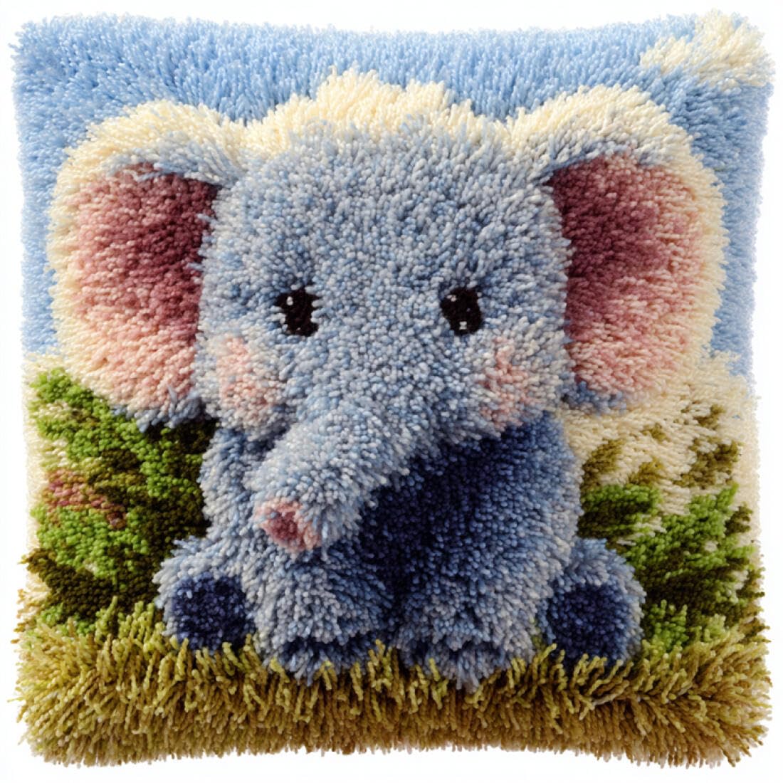 Kitquiver Animal Latch Hook Craft Kits Cartoon Elephant DIY Latch Hook Kits Pillow Needlepoint Cushion Kit for Home Décor Needlework Set for Adult Beginners 17x17In