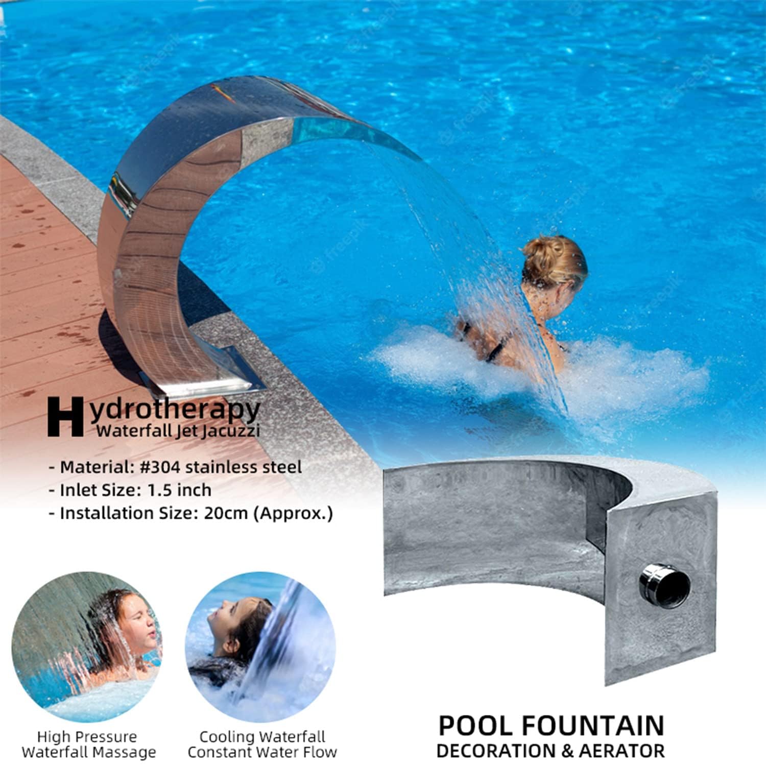 Fontana a cascata in acciaio inossidabile, fontana a cascata all'aperto per piscine, stagni, sorgenti termali e piscine termali 80cm*50cm
