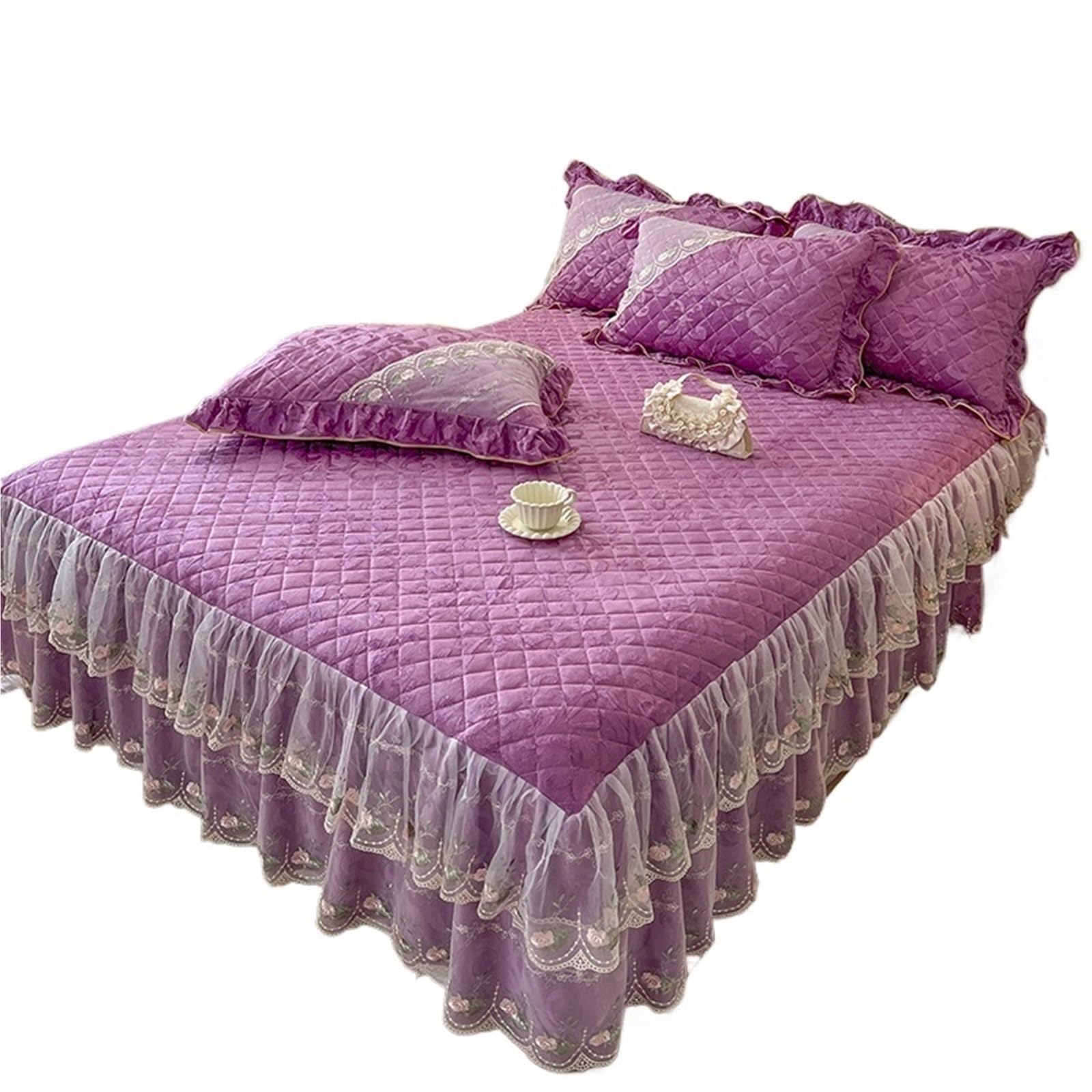 Ruffled Bedspread Gold Yellow, Beige, Pink, Jacquard Velvet Lace Ruffles Bedspread, Quilted Embroidery Bed Skirt, Mattress Cover(Purple,200X220cm 3pcs)