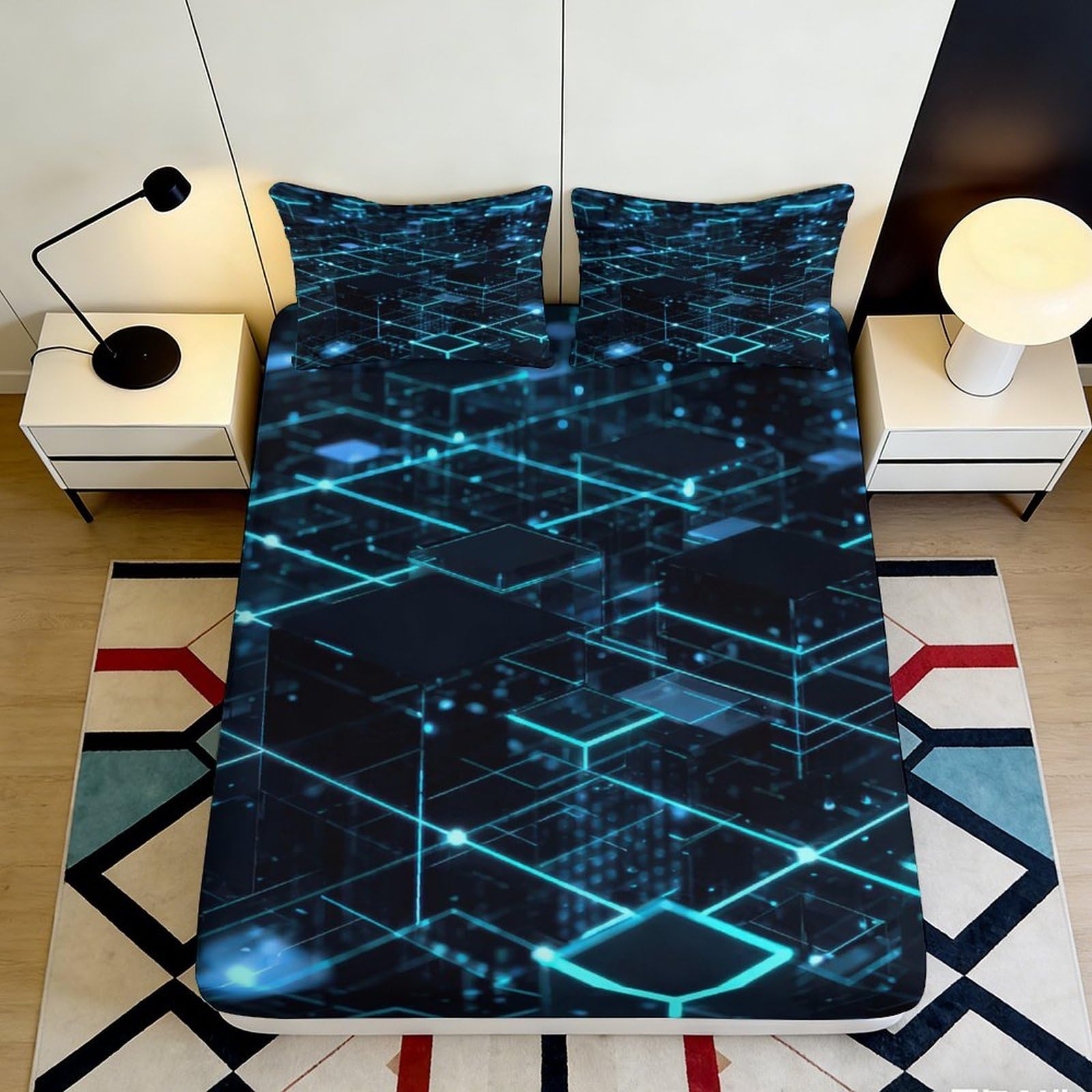 Jqzkxnhpbr Style-5 3D Printed Futuristic Geometric Fitted Sheet Microfiber Soft Breathable Neon Grid Bed Cover For Bedroom Guestroom Mattress Protection 90X200x25cm