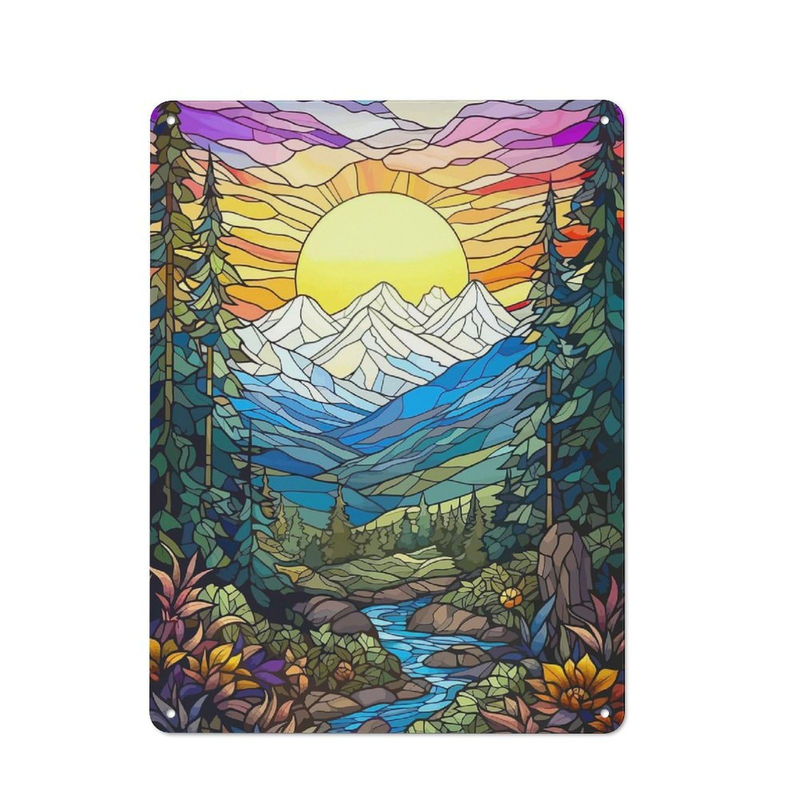 Junmoney Stained Glass Mountain Sunset Vintage Tin Sign 40X30cm For Garden Room Or Summerhouse, For A Newly Organised Room And Metal Sign Display