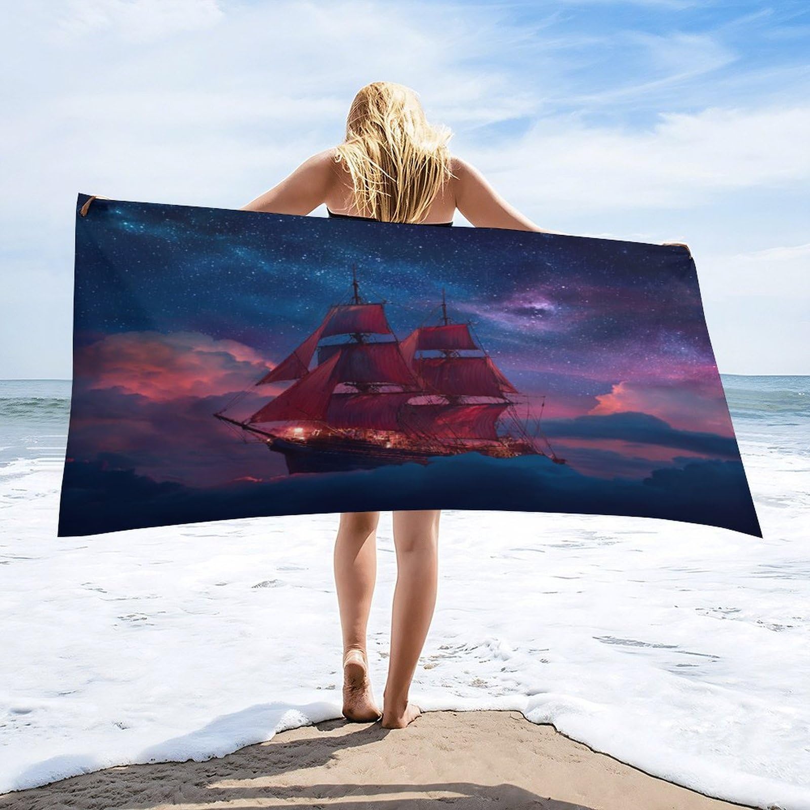 Luyysky Funny Fantasy Pirate Ship Absorbent Beach Towel, Modern Rustic Starry Sky Galaxy Cloud Pattern Outdoor Single-Sided Velvet Beach Towel-80 W Cm X 160" L Cm