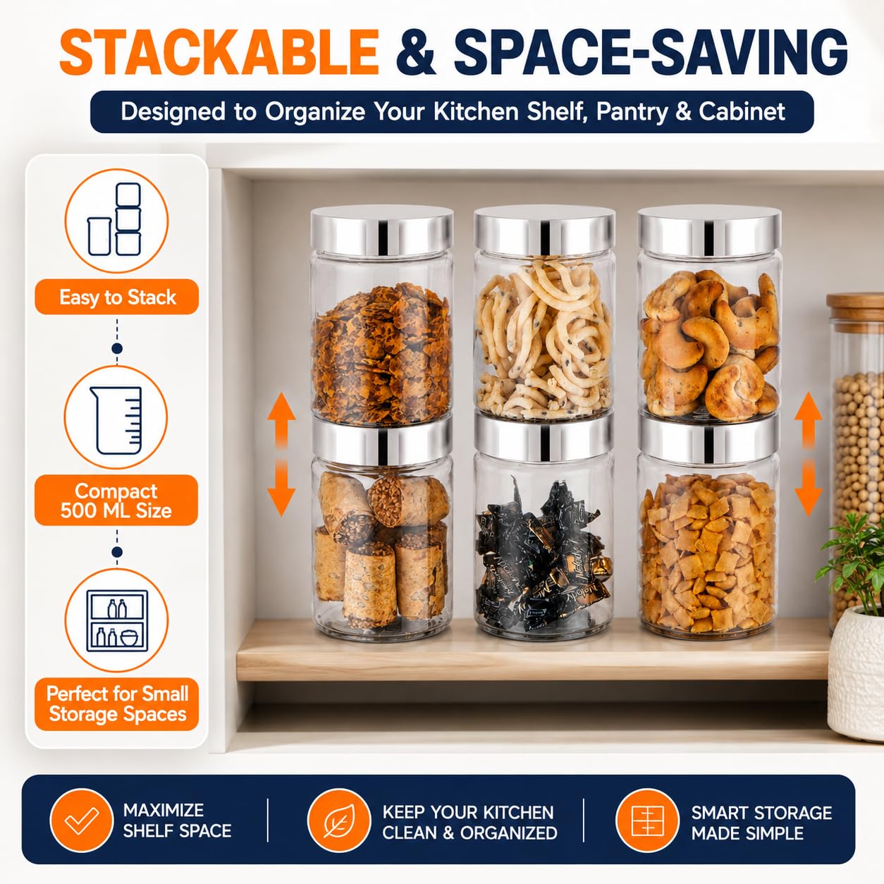 Homeor Vorratsdosen und Behälter aus Kunststoff für die Küche, stapelbar, luftdicht, Stahlkappe, Set mit 6 Boxen in Lebensmittelqualität, BPA-frei, 6 Stück à 500 ml, transparent